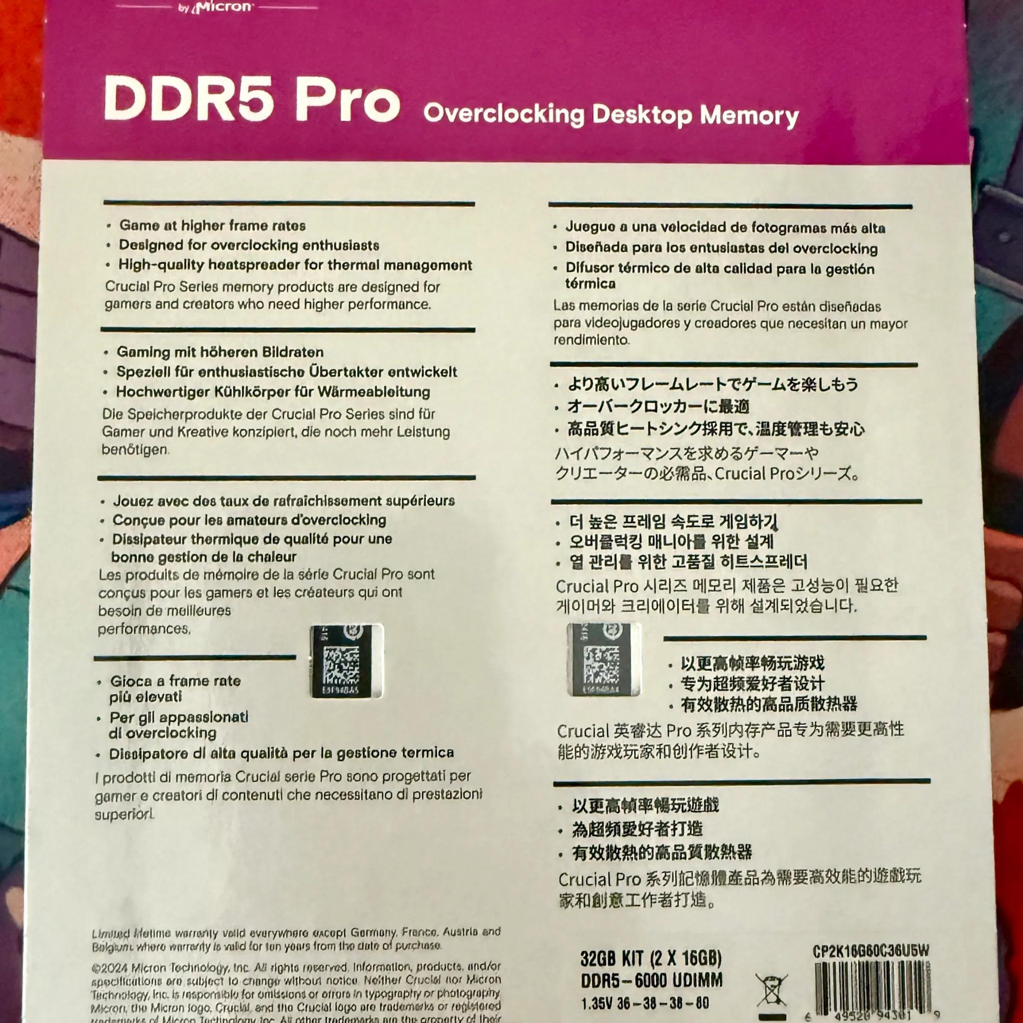 BNIB Crucial Pro DDR5 RAM 32GB Kit (2x16GB) 6000MHz CL36 (White)