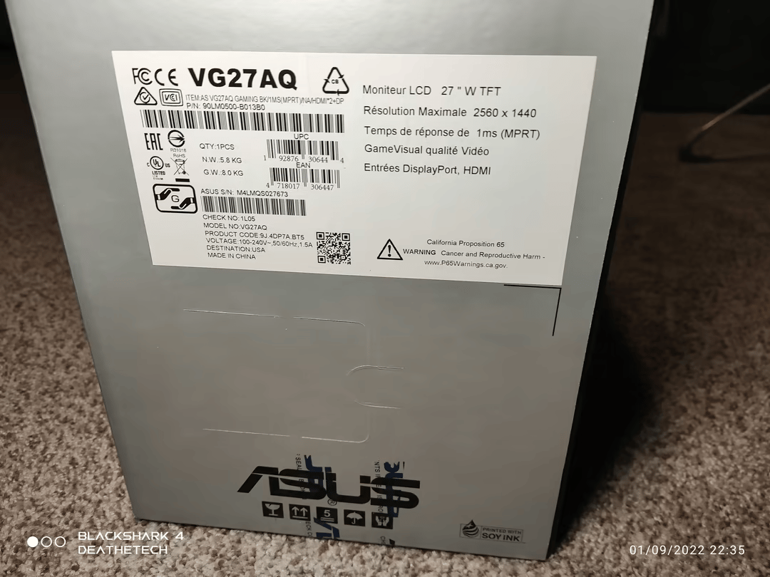 Asus VG27AQ 27" 1440p 165hz HDR10 G-Sync Compatible Monitor