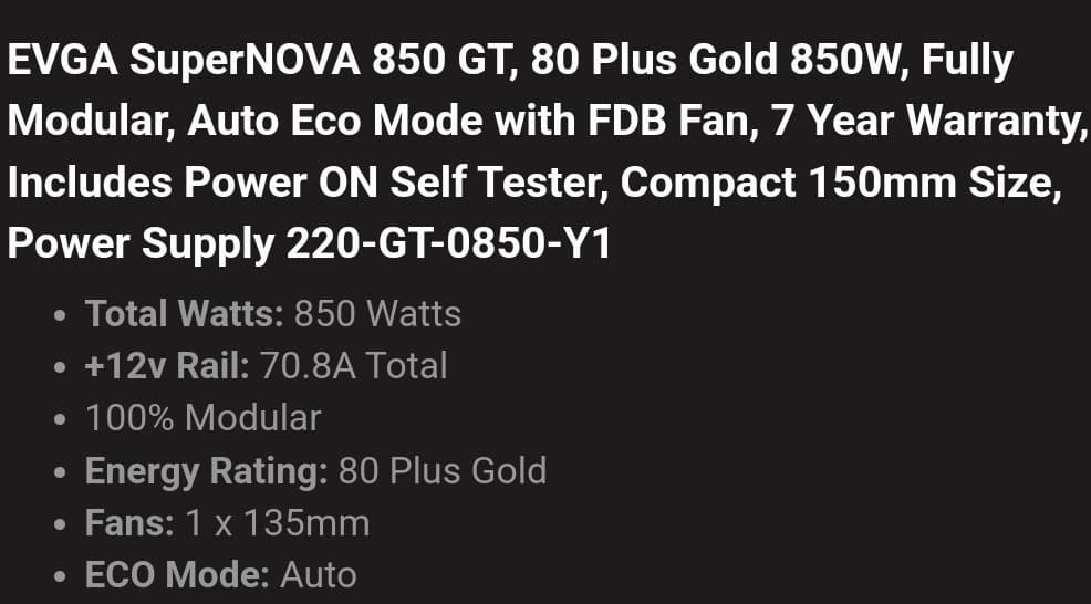 EVGA 850 GT fully modular power supply