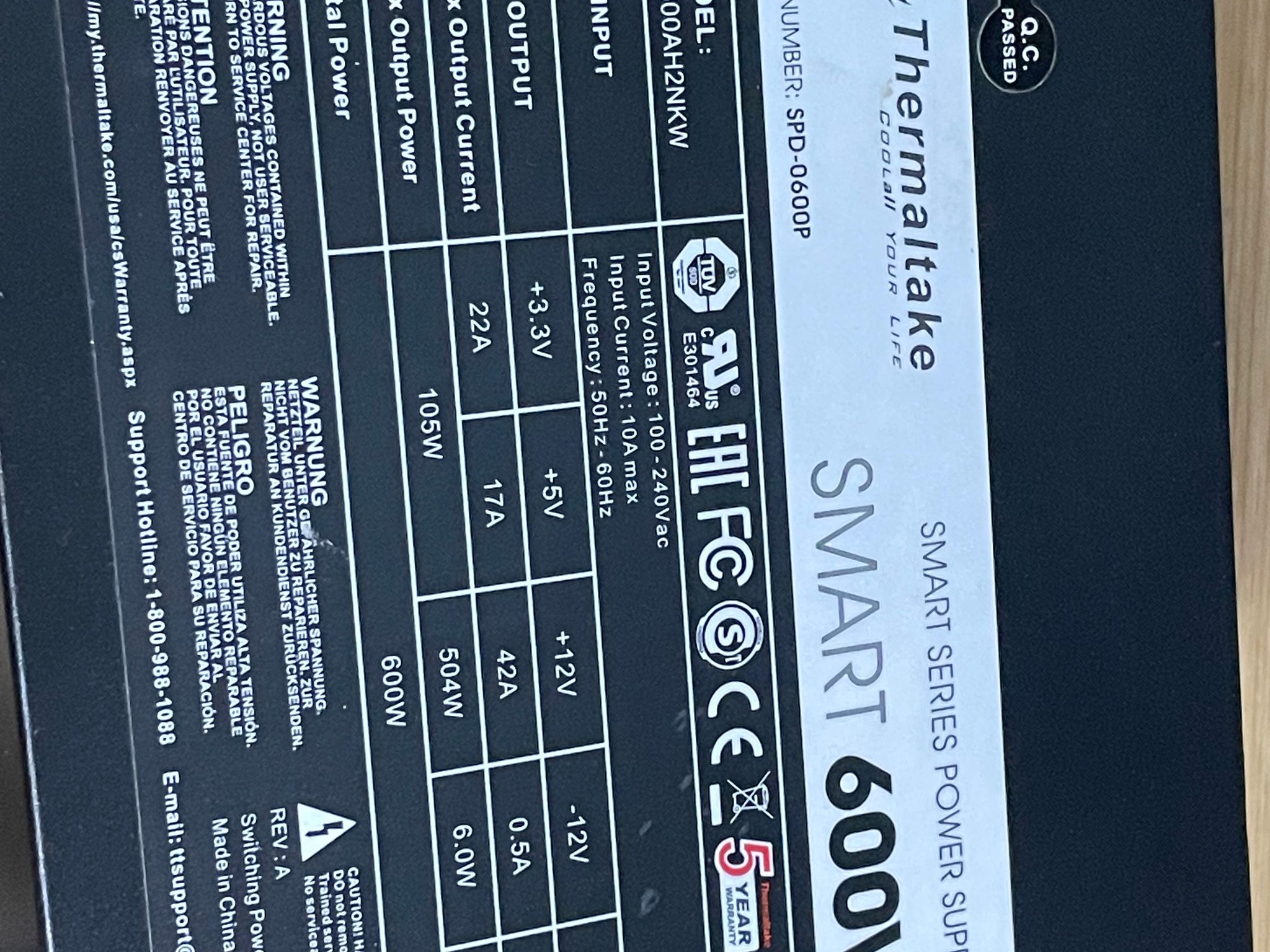 Thermaltake Smart 600W Power Supply ATX