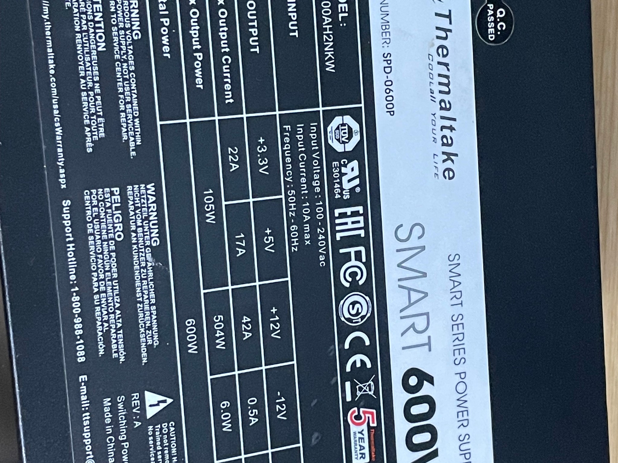 Thermaltake Smart 600W Power Supply ATX