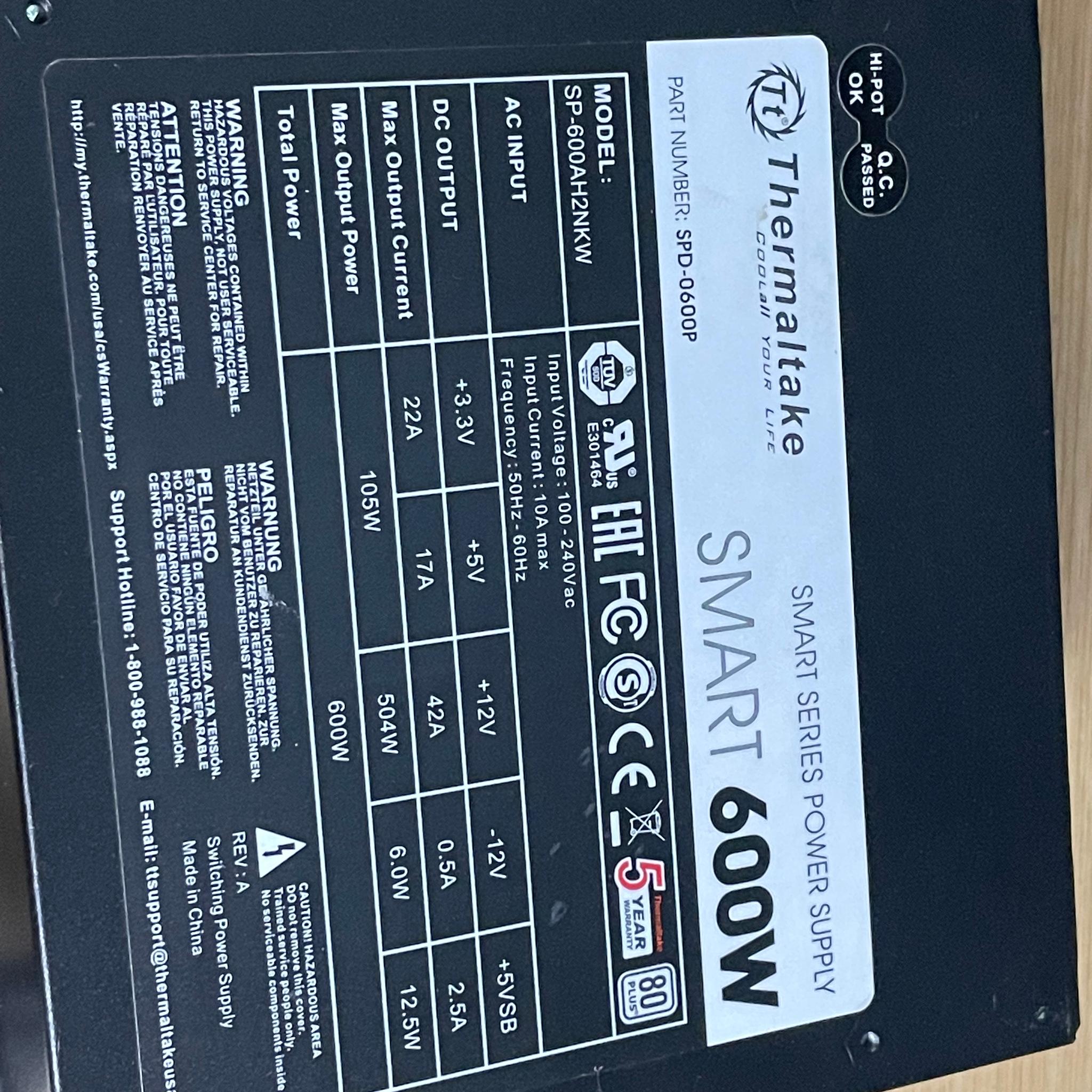 Thermaltake Smart 600W Power Supply ATX
