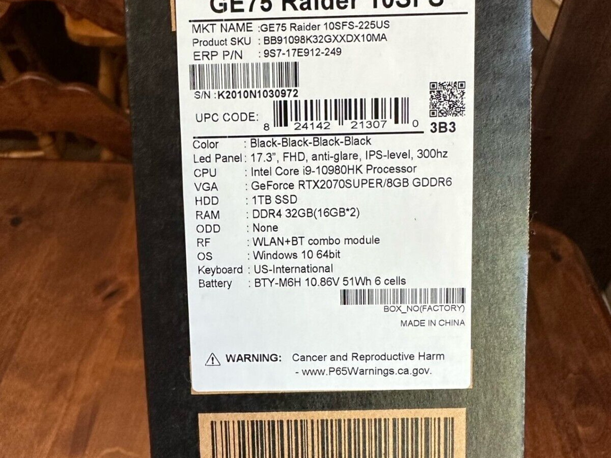 MSI GE75 Raider 10SFS-225US 17.3 in, 300 Hz screen, i9-10980HK, RTX 2070 Super