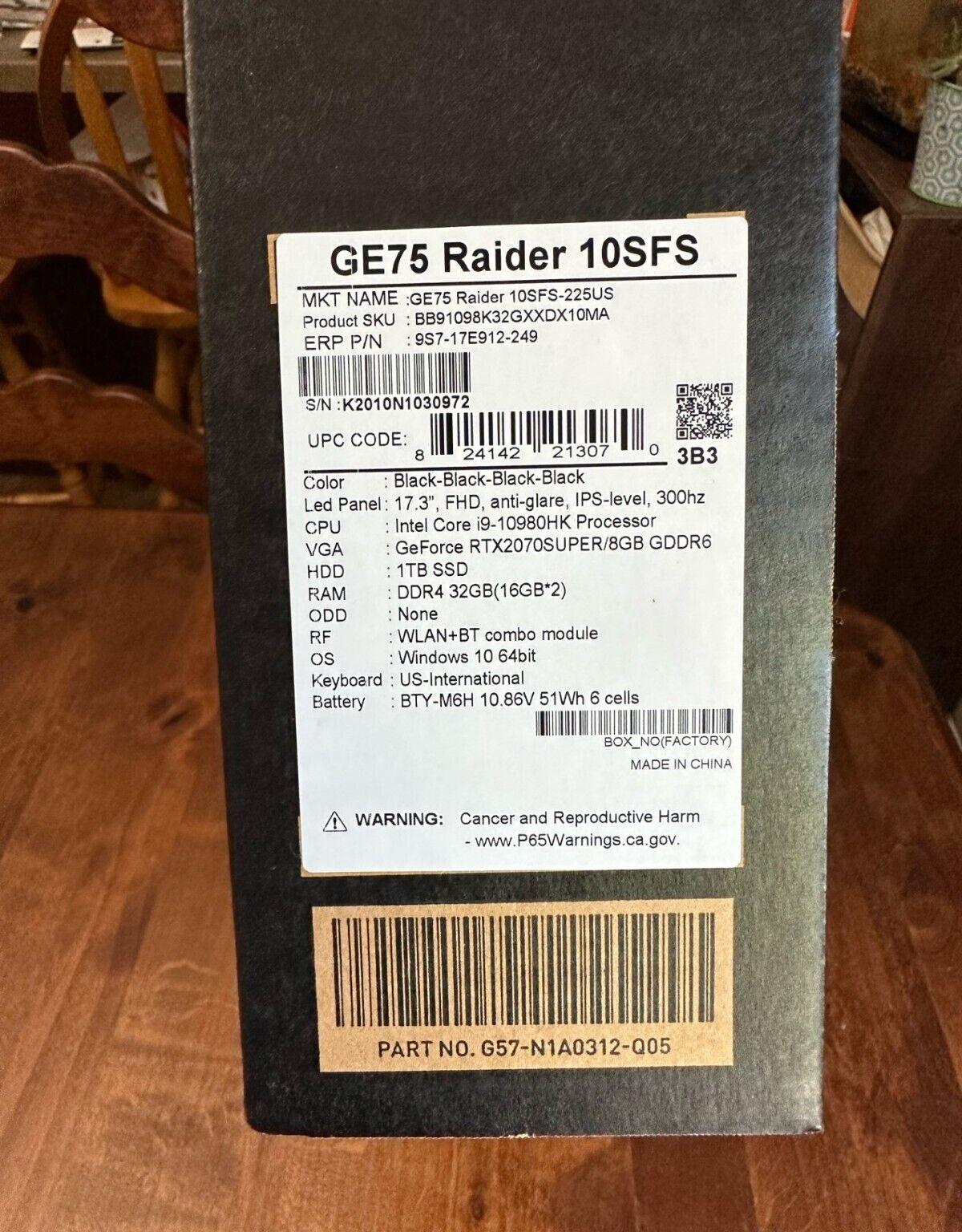 MSI GE75 Raider 10SFS-225US 17.3 in, 300 Hz screen, i9-10980HK, RTX 2070 Super