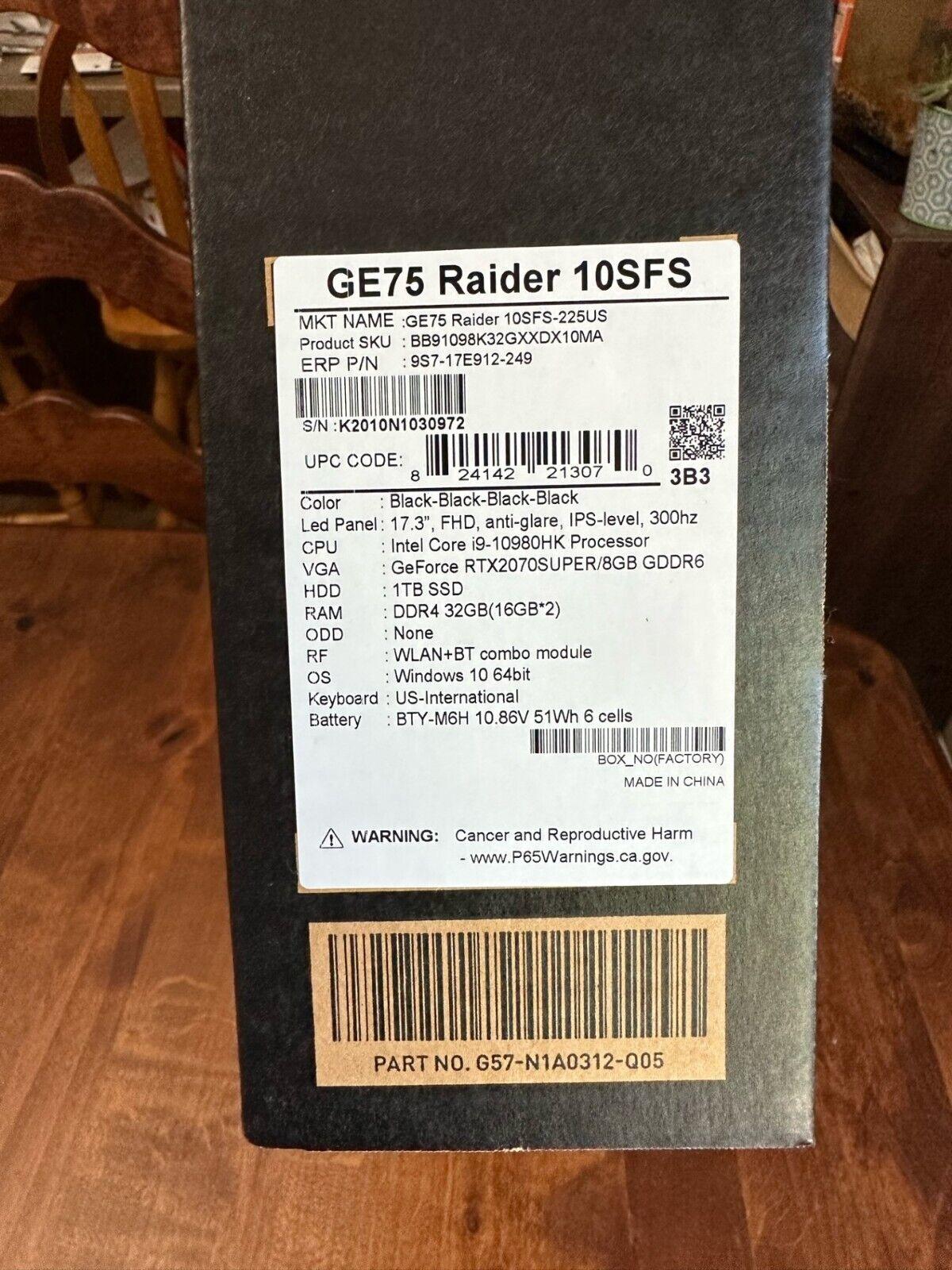 MSI GE75 Raider 10SFS-225US 17.3 in, 300 Hz screen, i9-10980HK, RTX 2070 Super