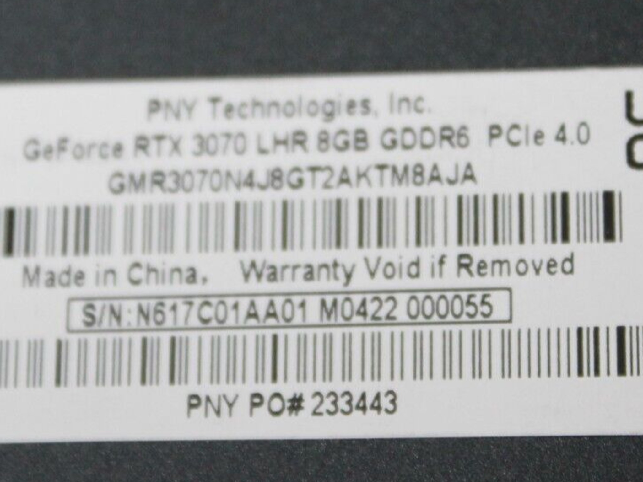 PNY Nvidia GeForce RTX 3070 8GB LHR GDDR6 Video Graphics Card Part# 233443