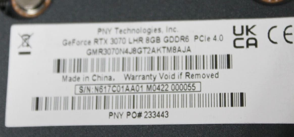 PNY Nvidia GeForce RTX 3070 8GB LHR GDDR6 Video Graphics Card Part# 233443