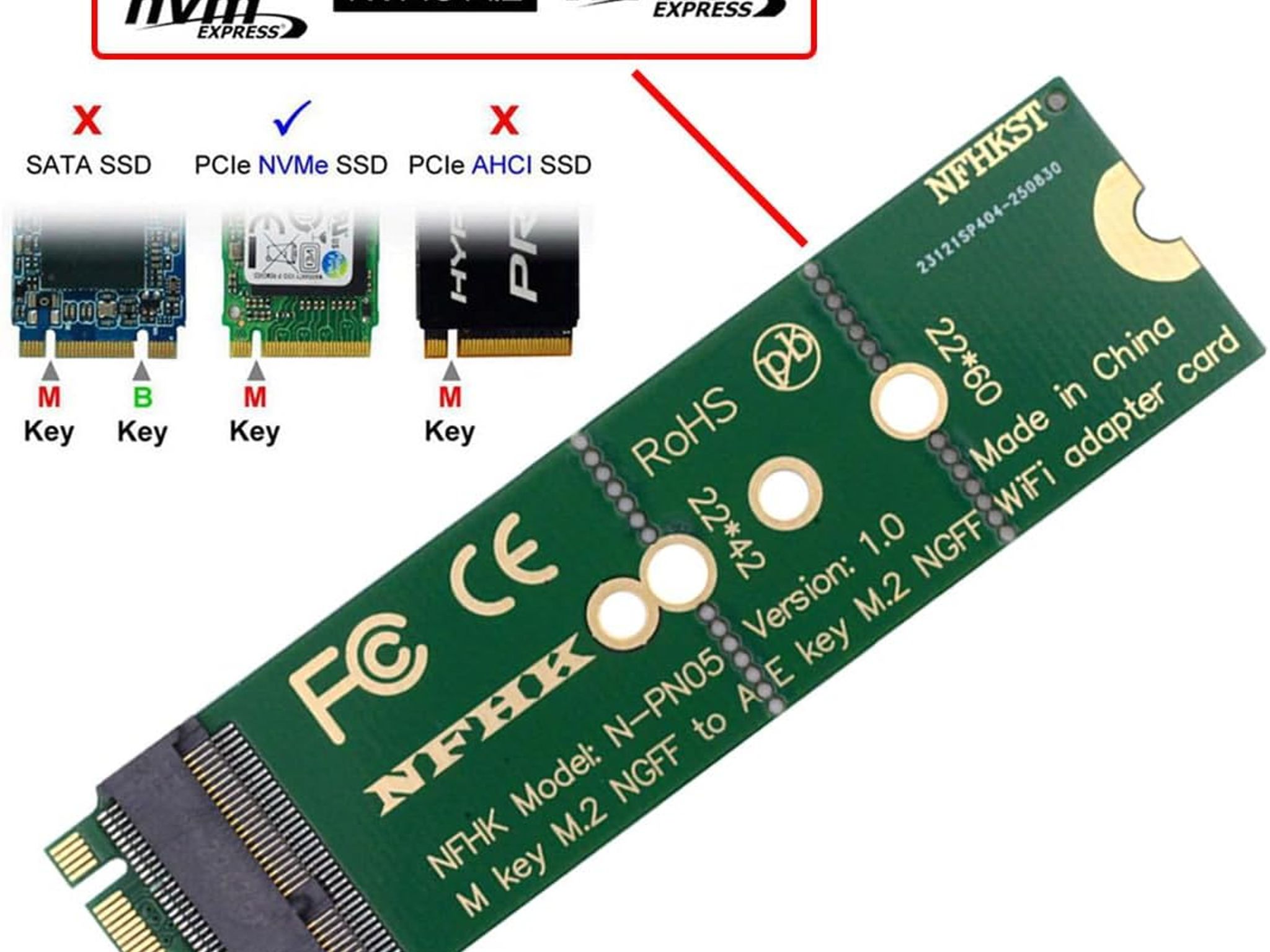 NFHK WiFi Riser Card NGFF Key-E Wireless Networking Card to M.2 NGFF NVME SSD Adapter Key-M