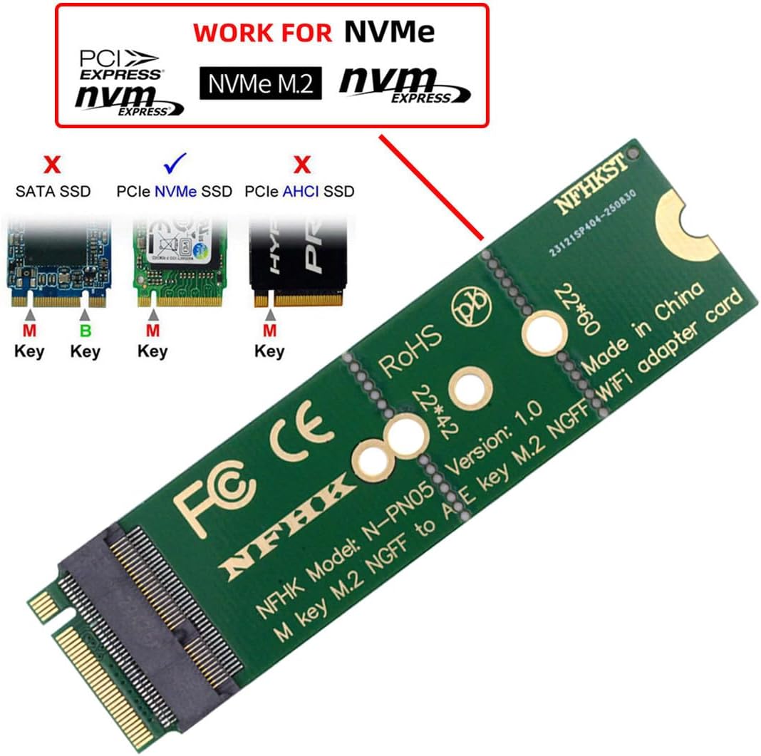 NFHK WiFi Riser Card NGFF Key-E Wireless Networking Card to M.2 NGFF NVME SSD Adapter Key-M