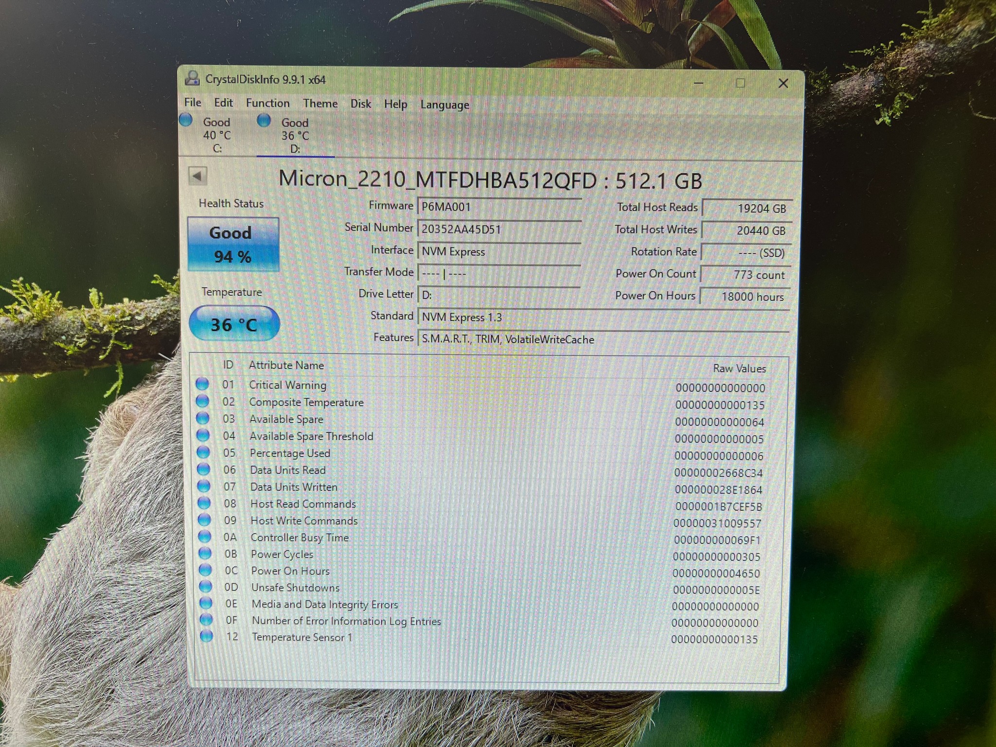 512GB Micron 2210 PCIe Gen 3.0x4.0 NVMe SSD 94% Health