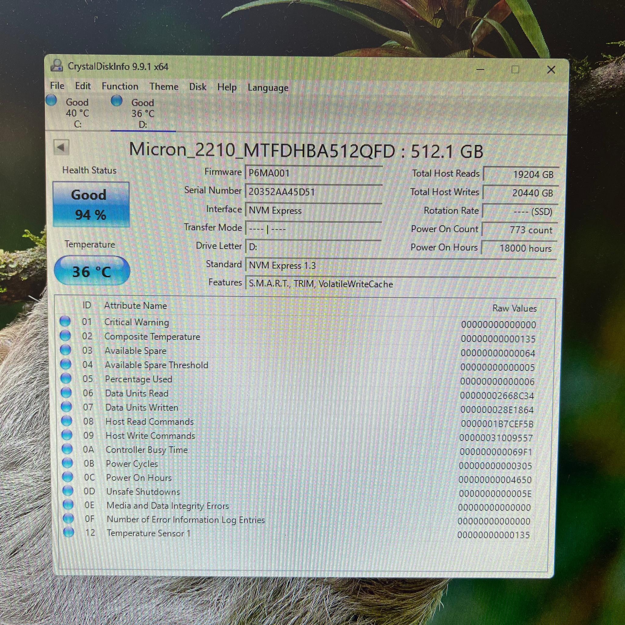 512GB Micron 2210 PCIe Gen 3.0x4.0 NVMe SSD 94% Health