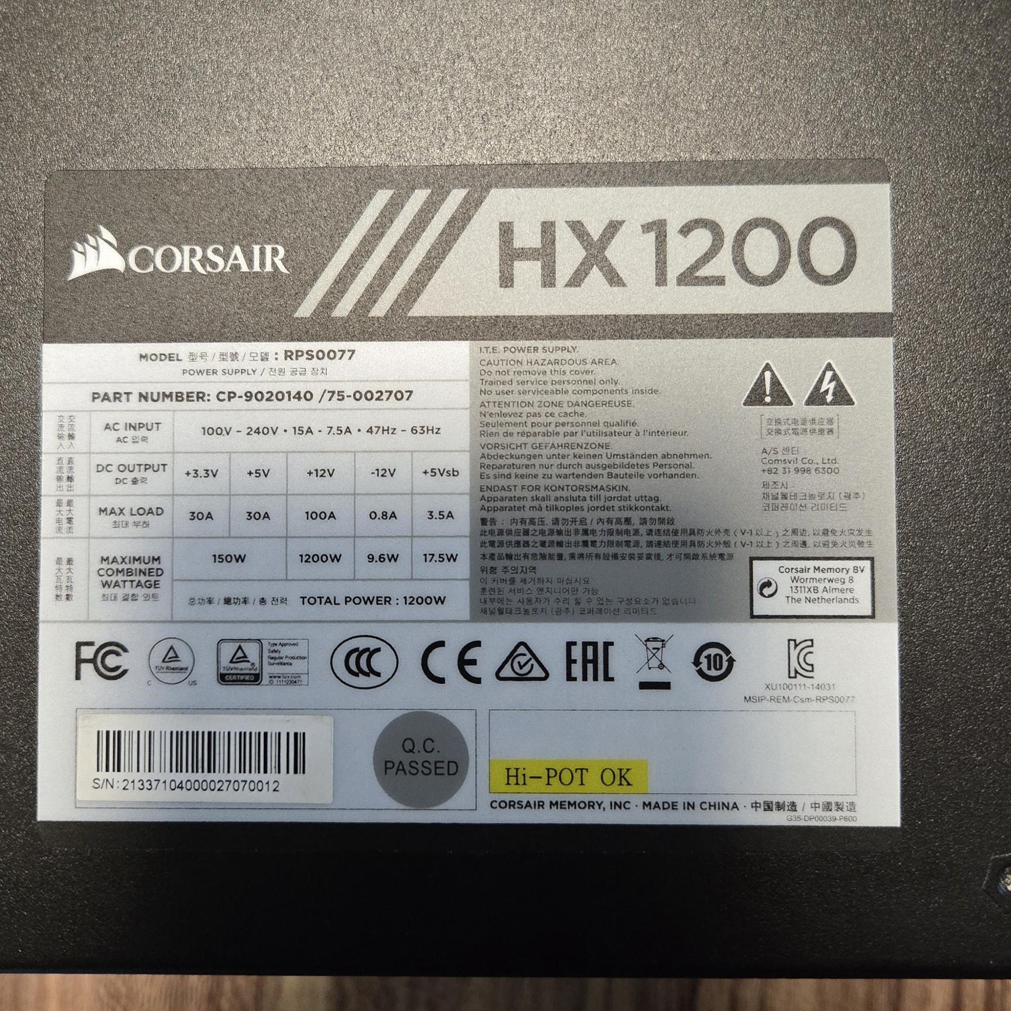 Corsair HX1200 Power Supply 1200W 80+ Platinum Fully Modular