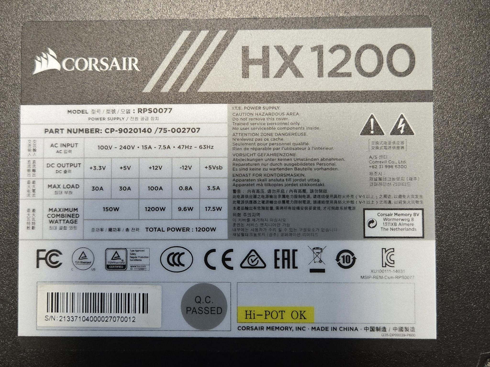 Corsair HX1200 Power Supply 1200W 80+ Platinum Fully Modular