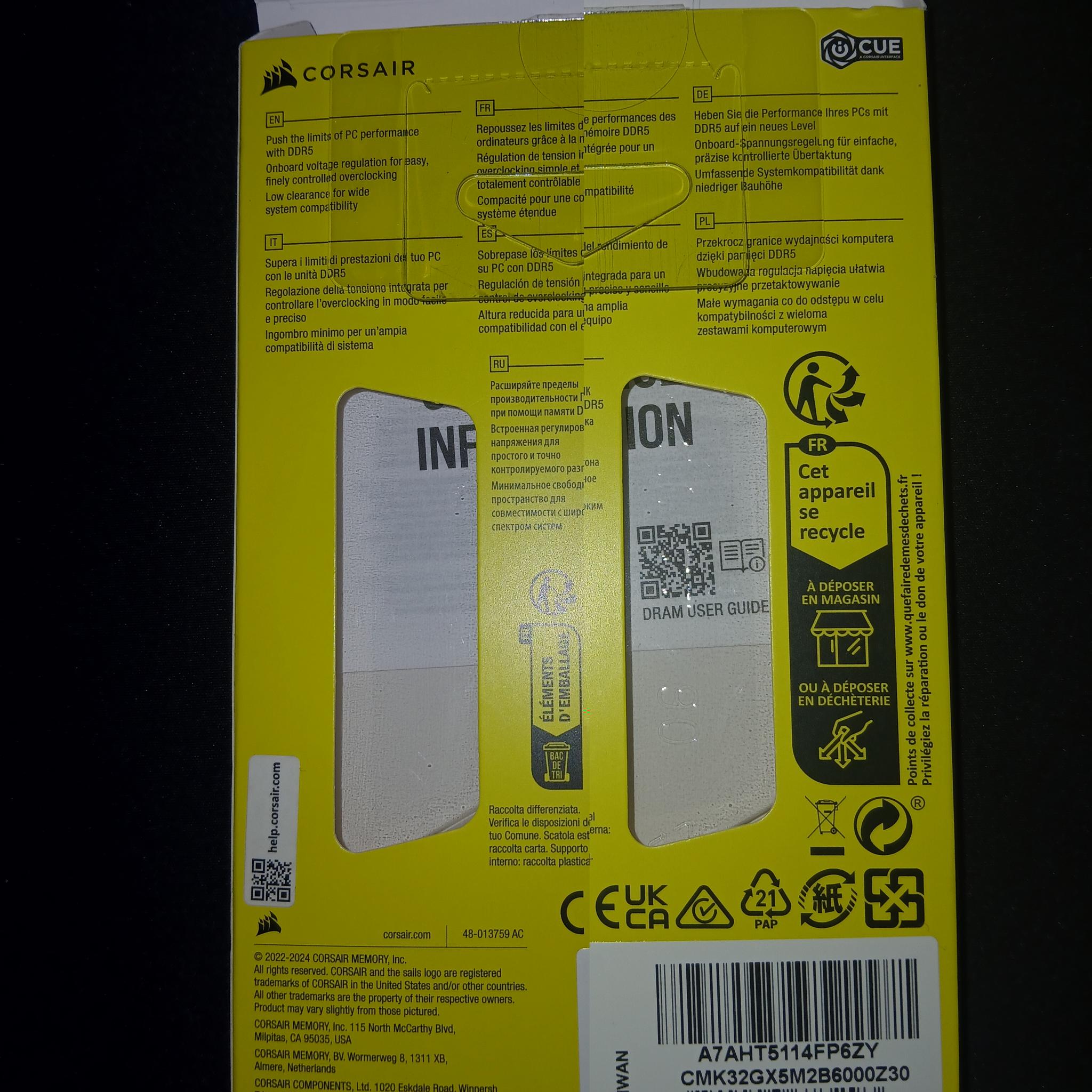 CORSAIR Vengeance 32GB (2 x 16GB) CL30 6000 CMK32GX5M2B6000Z30