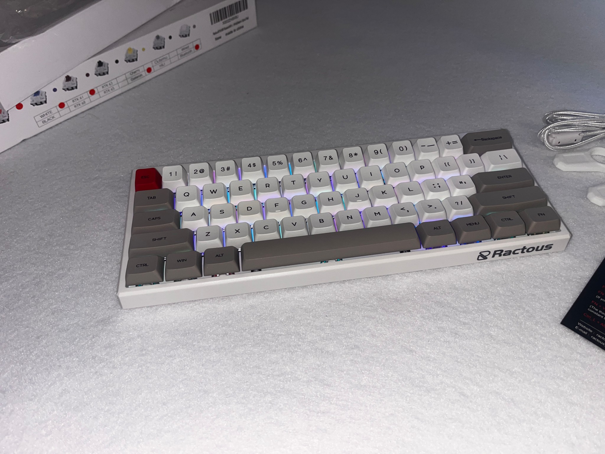 Ractous Design gaming keyboard, New in the Box. 60%, RGB.  Gateron Red Switches Hot Swappable