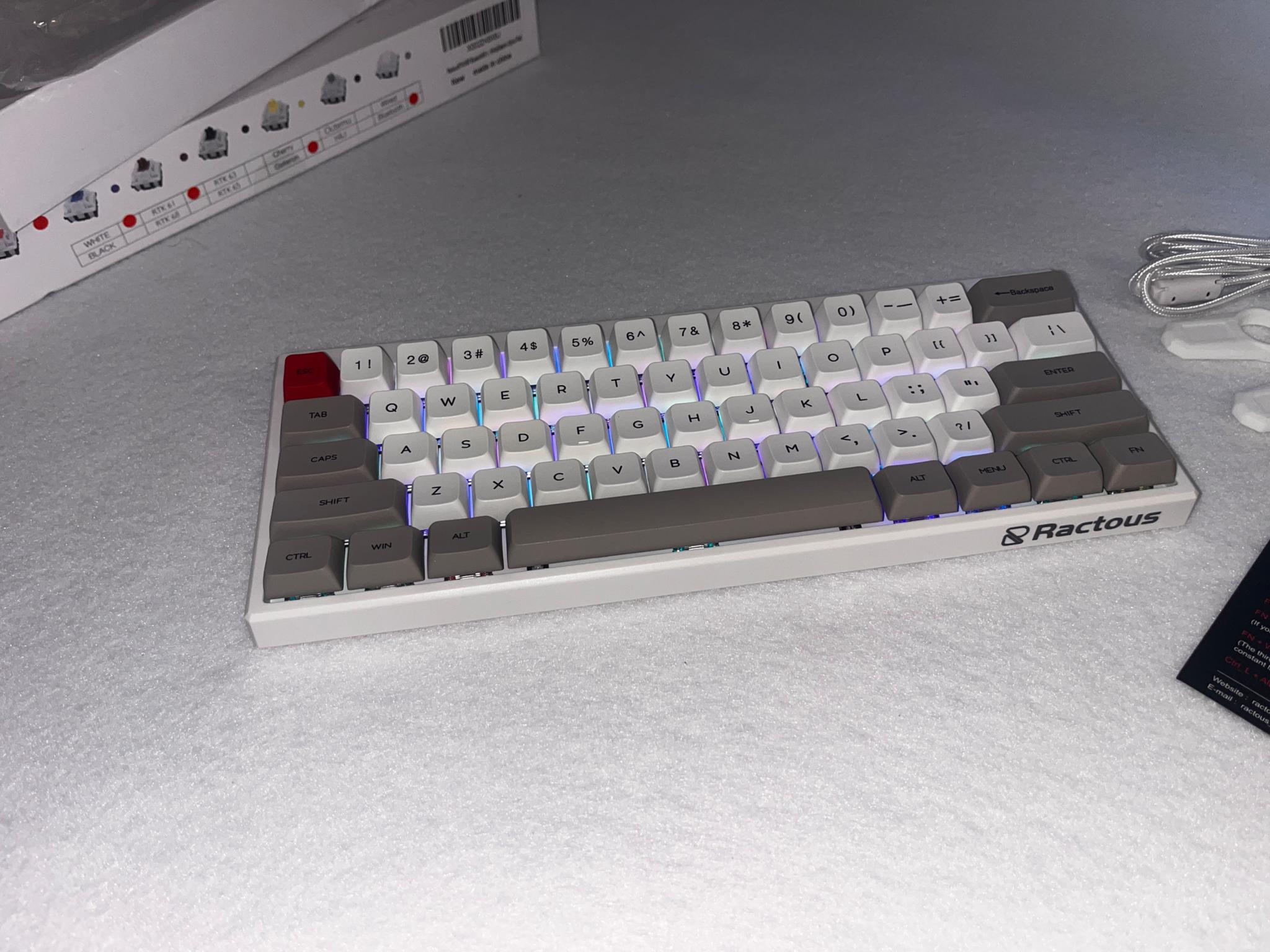 Ractous Design gaming keyboard, New in the Box. 60%, RGB.  Gateron Red Switches Hot Swappable
