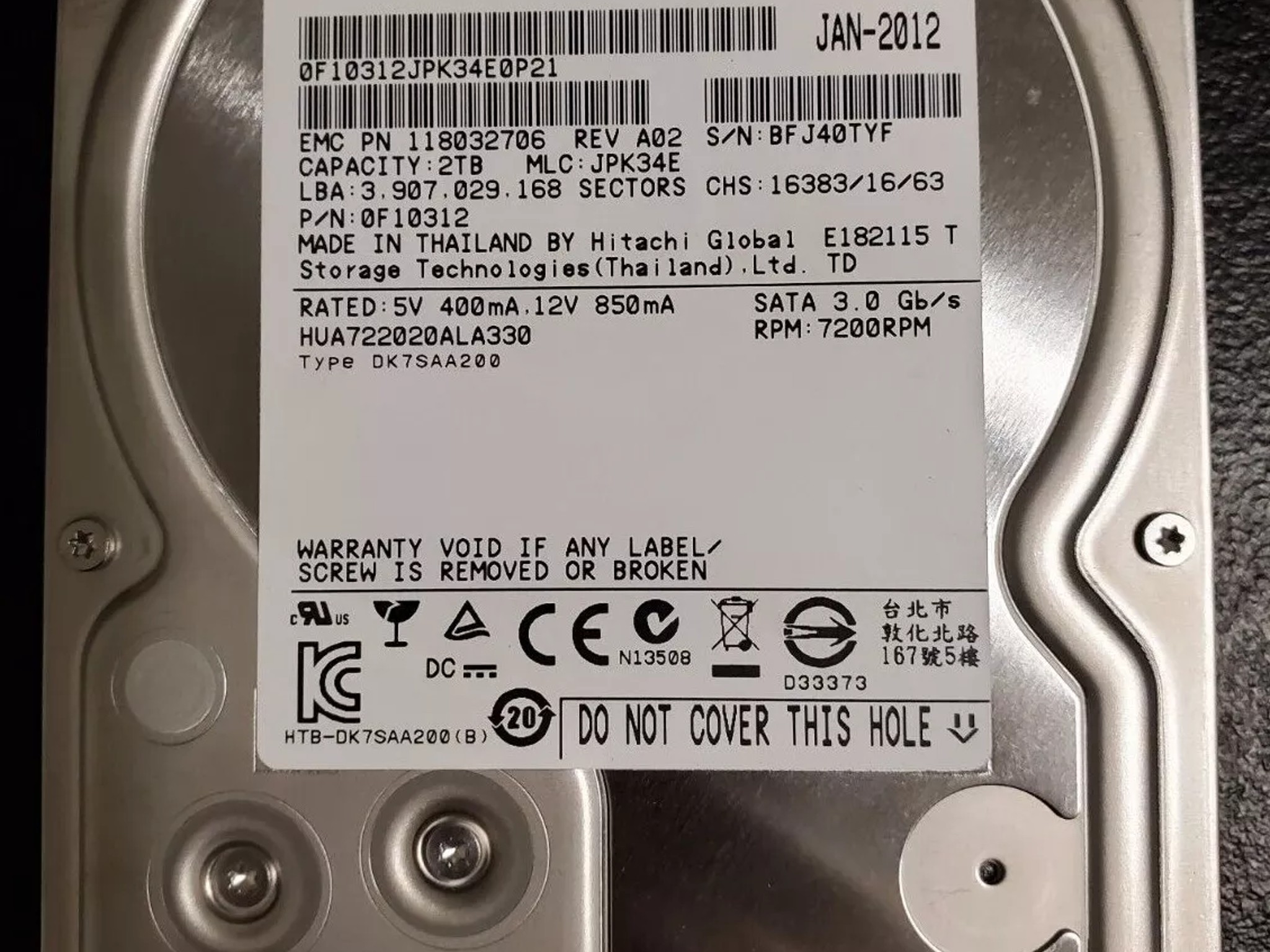 2TB HARD DRIVE - Hitachi HUA722020ALA330 2TB HDD 7200RPM SATA 3.5" Hard Drive 0F10312