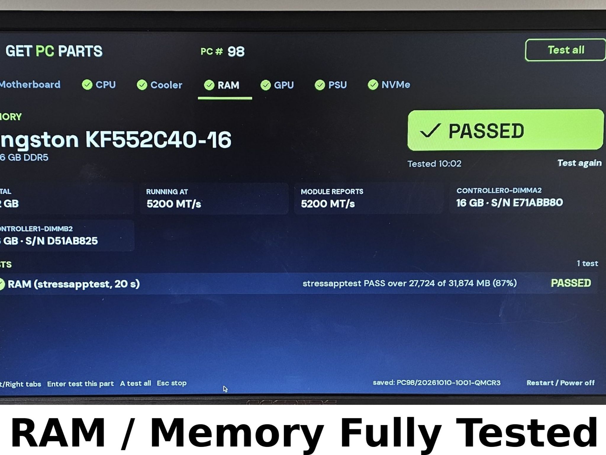 32GB DDR5 (2x16GB) CL40 5200MT/s Kingston FURY Beast RGB