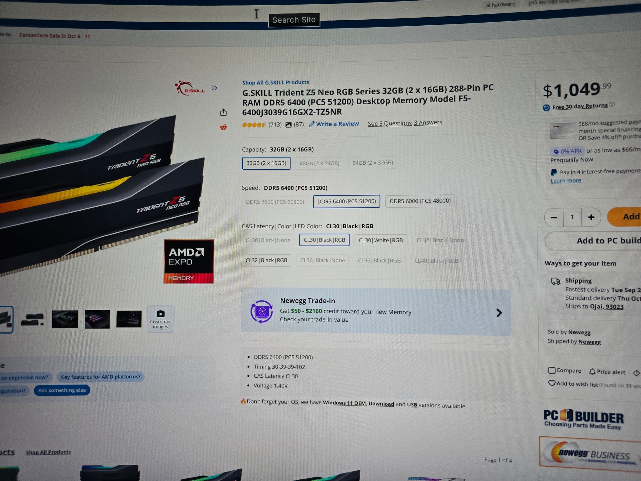 64 GB DDR5 CL 30 6400Mhz RAM 2 or 4 Sticks