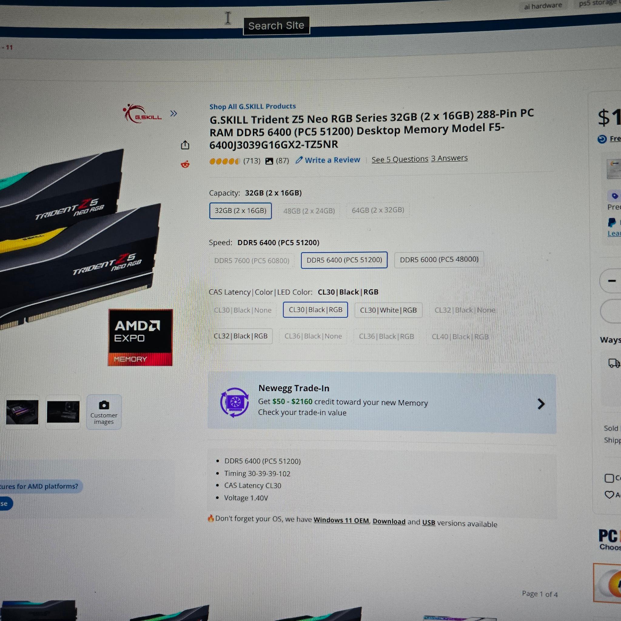 64 GB DDR5 CL 30 6400Mhz RAM 2 or 4 Sticks