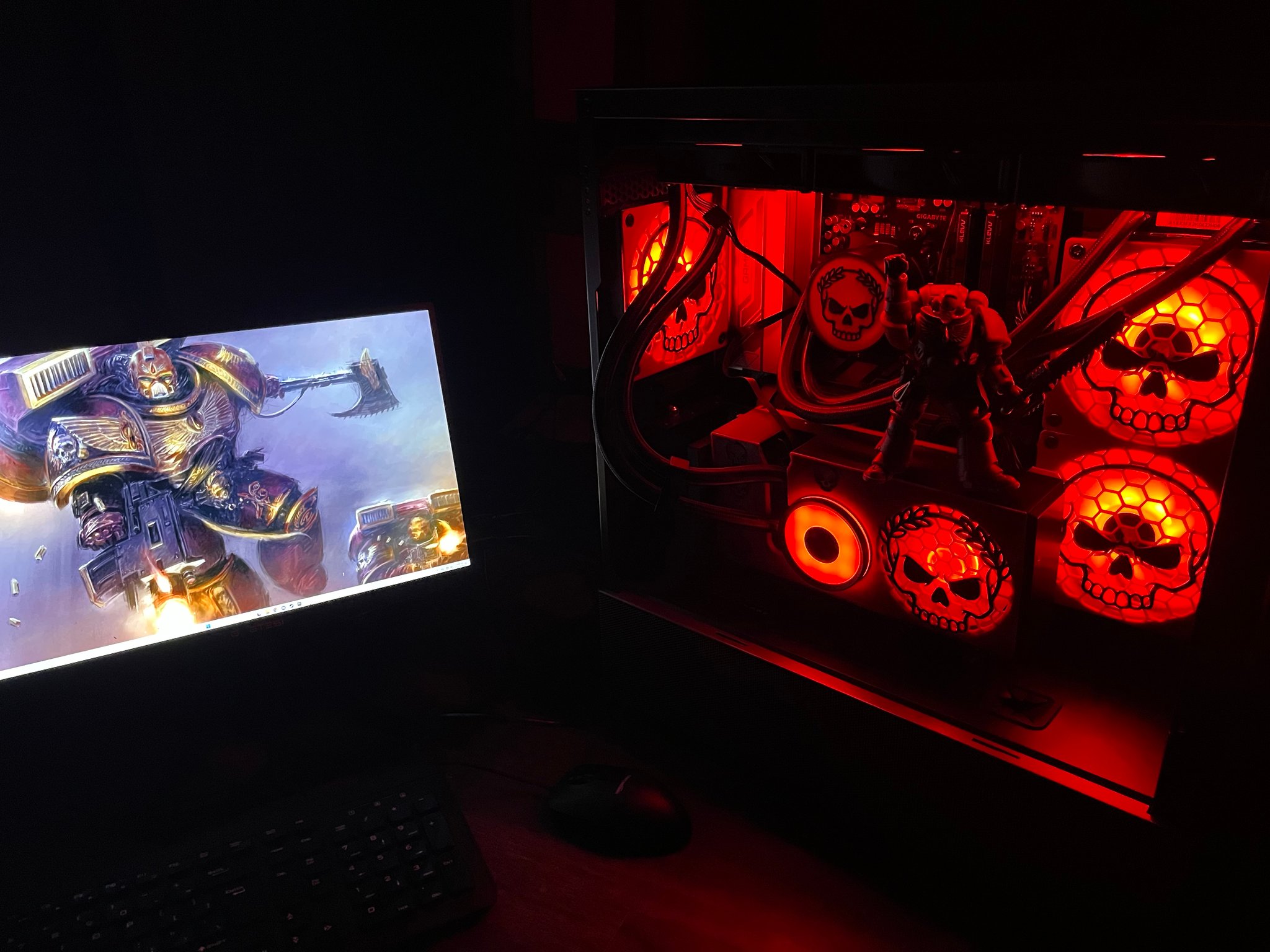 GRIMDARK RTX3080 7600X3D 32GB DDR5 PC w/ Warhammer 40K Action Figure - Dual AIO Watercooled - UNIQUE