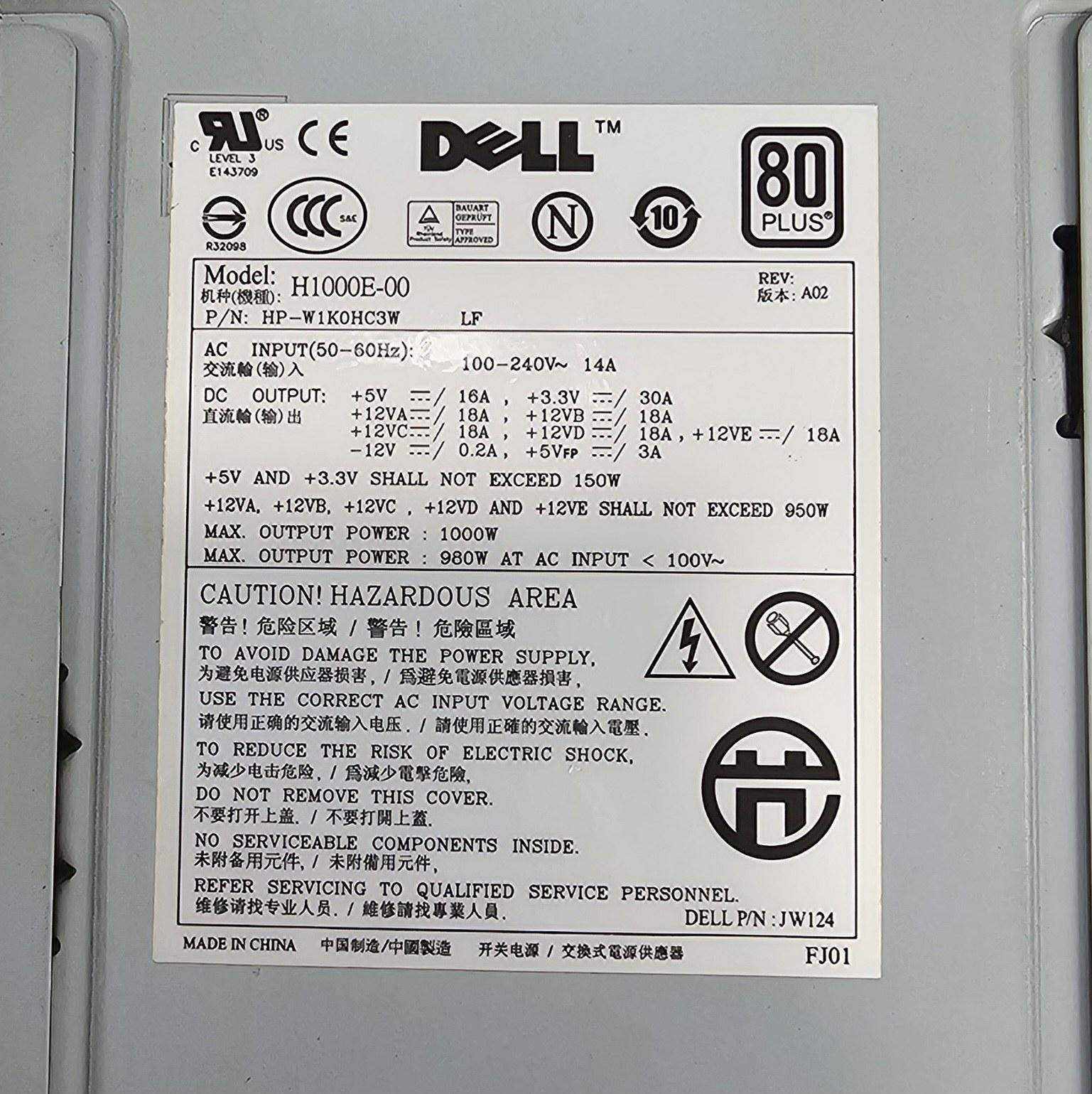 1000 Watt PSU Dell H1000E-00 Power Supply