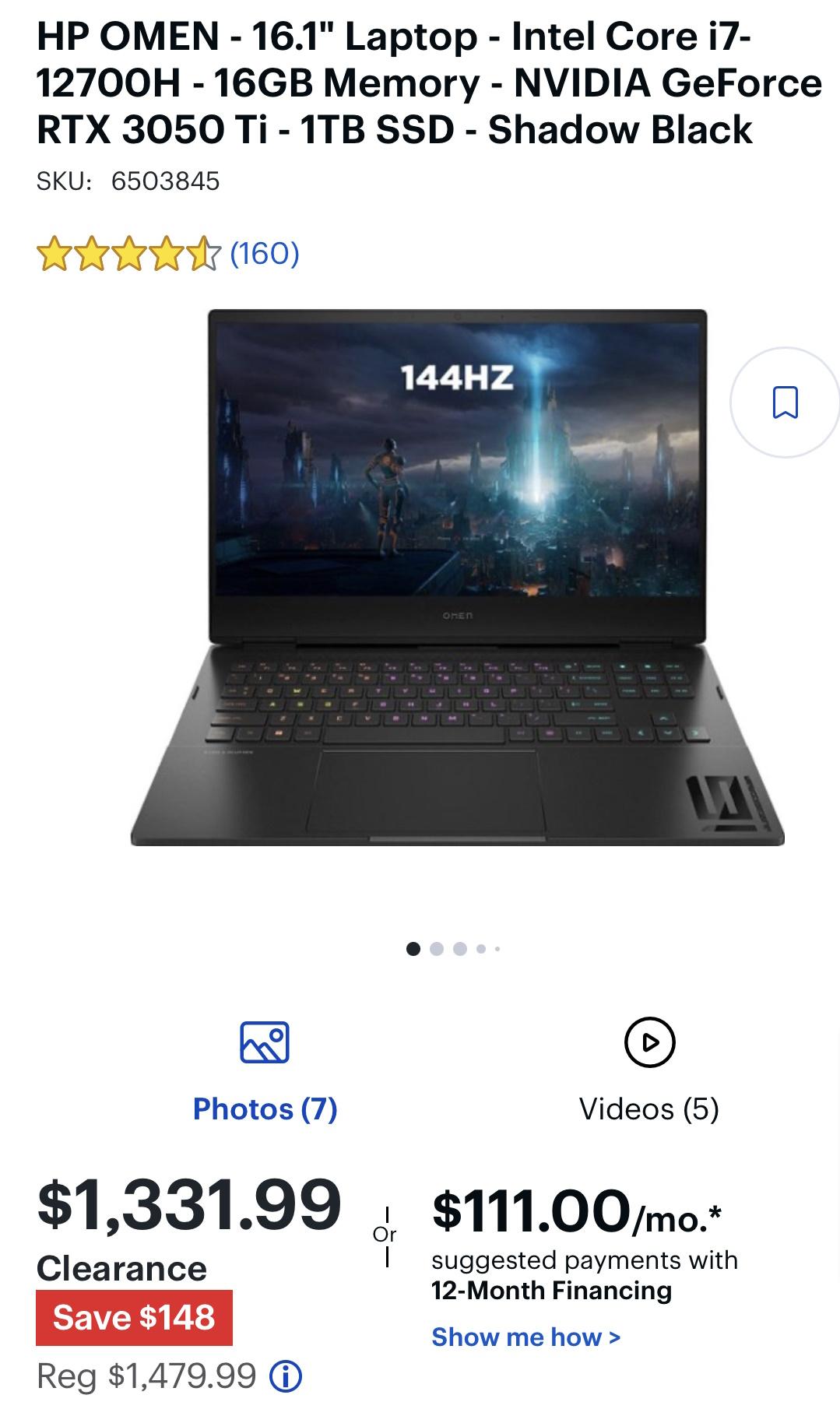 HP Omen 16.1" Gaming Laptop - Nvidia RTX 3050ti, Intel Core i7 12700h, 16gb DDR5 RAM, 1tb SSD