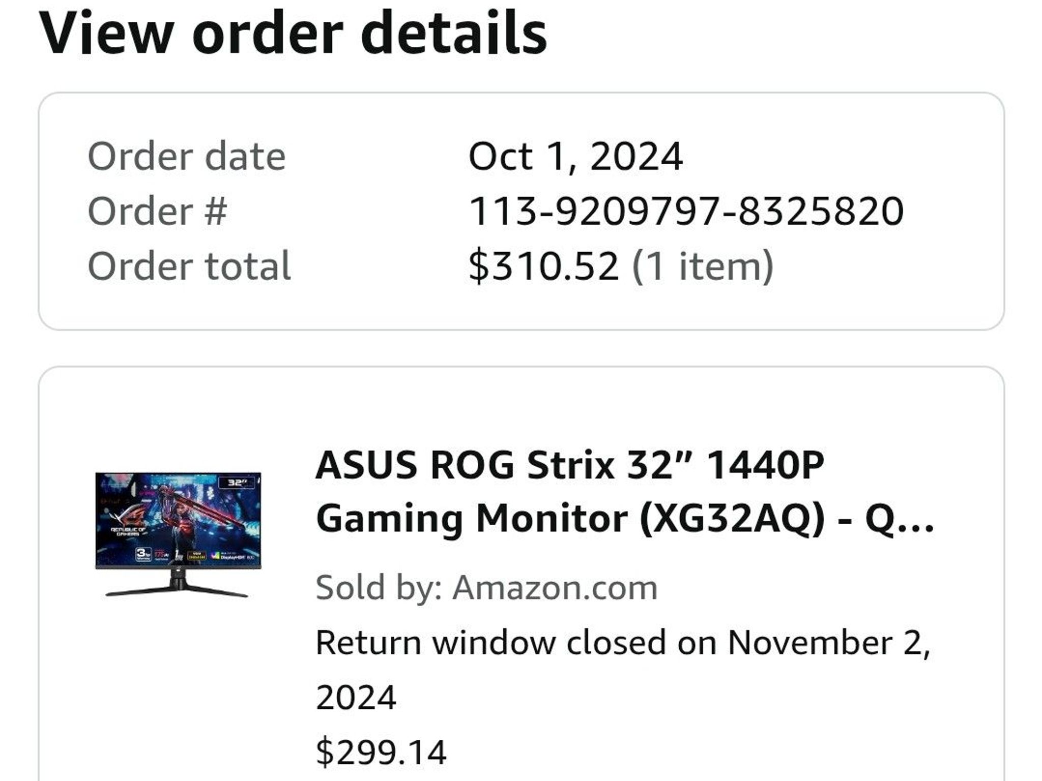 ASUS ROG Strix 32”Gaming Monitor (XG32AQ) - QHD (2560 x 1440) 175Hz Refresh Rate, G-SYNC, 1ms Reapon