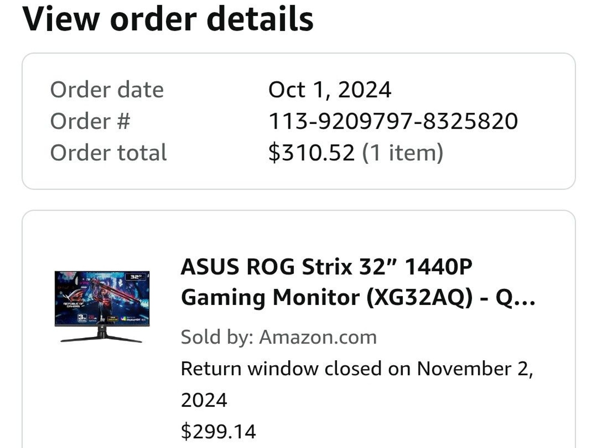 ASUS ROG Strix 32”Gaming Monitor (XG32AQ) - QHD (2560 x 1440) 175Hz Refresh Rate, G-SYNC, 1ms Reapon