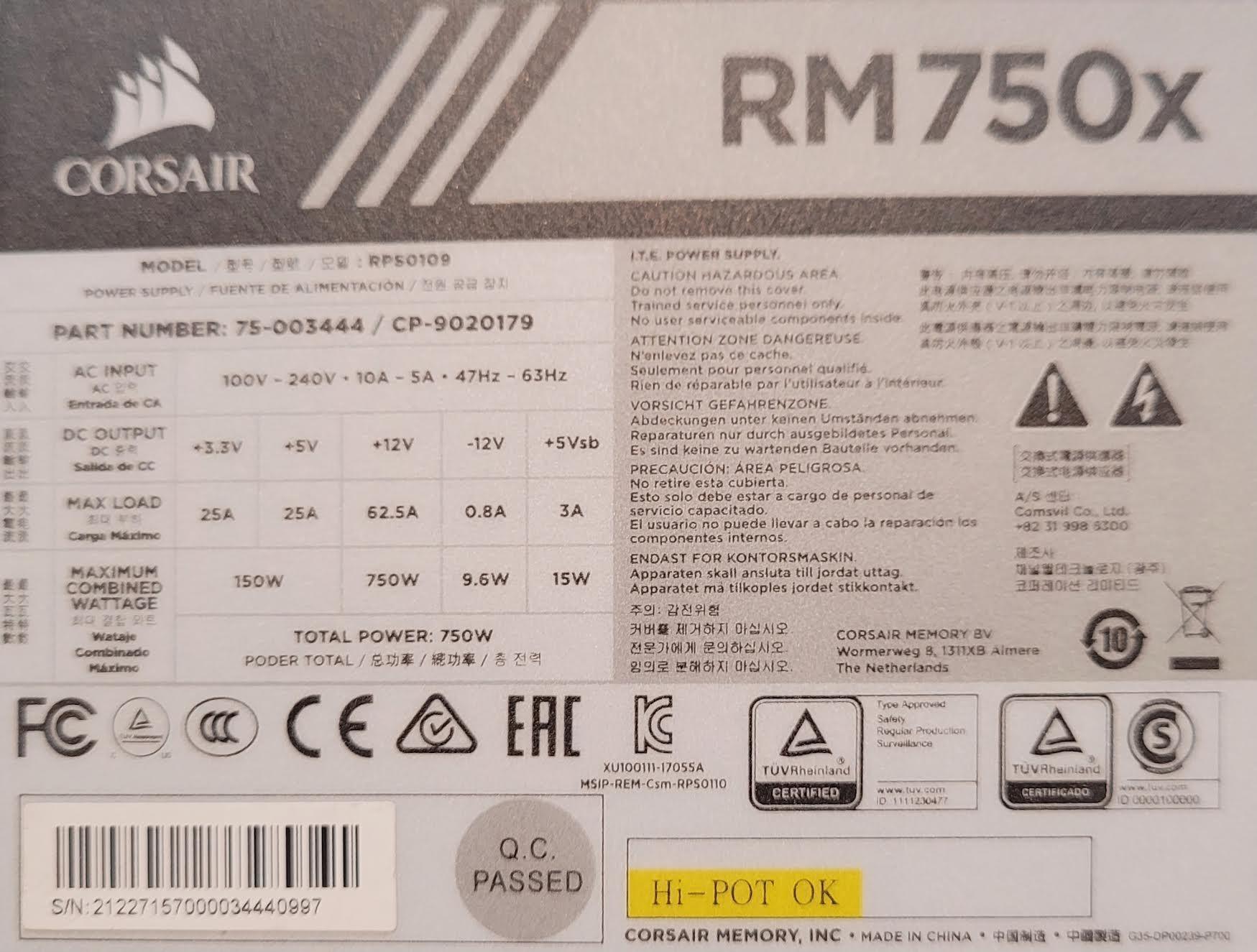 Corsair RM750x Power Supply | 750W 80+ Gold PSU Fully Modular