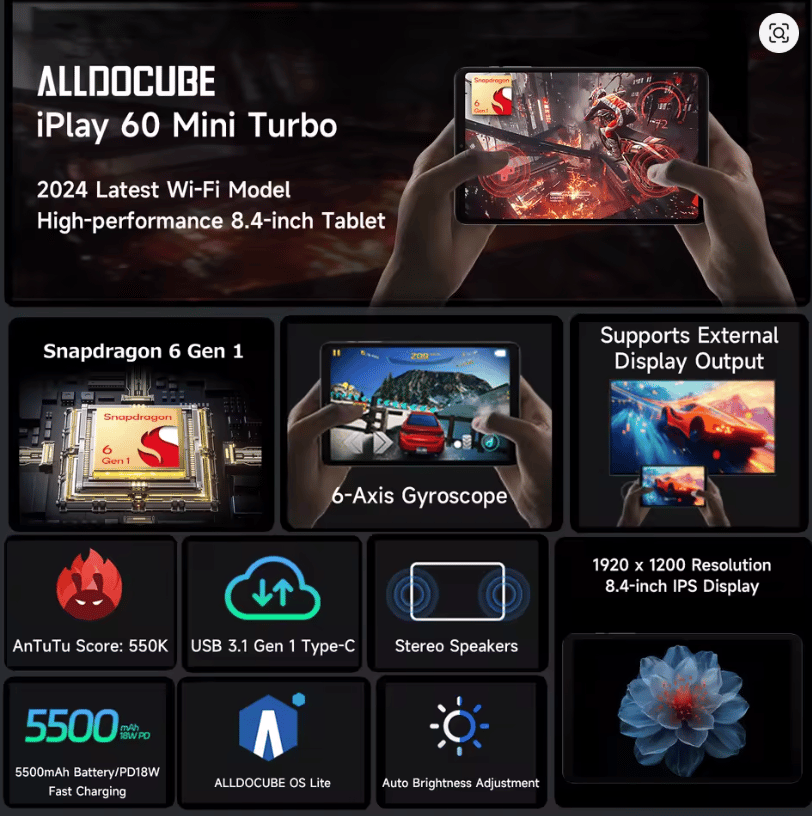 iPlay60 Mini Turbo 8.4inch Snapdragon 6Gen 1 Android14 8GB+8GB Virtual Memory RAM+128GB