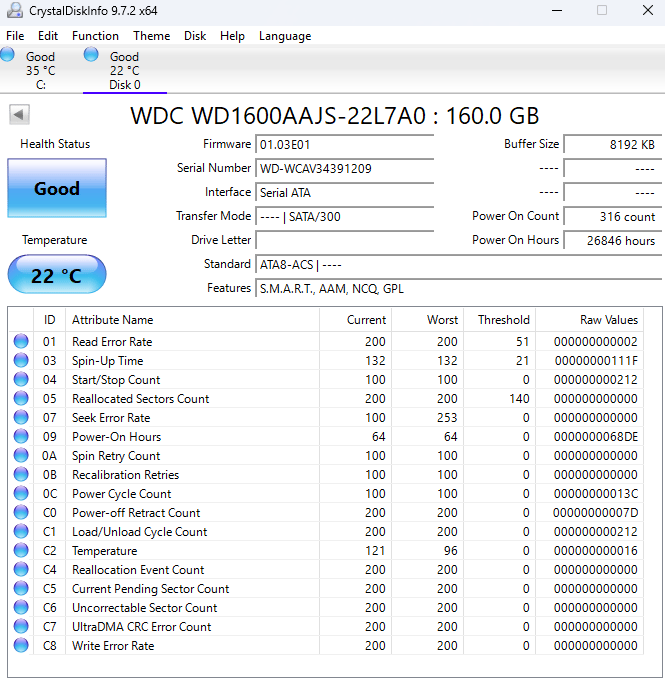 WD Blue 160GB 7200RPM 3.5in Sata Hard Drive WD1600AAJS