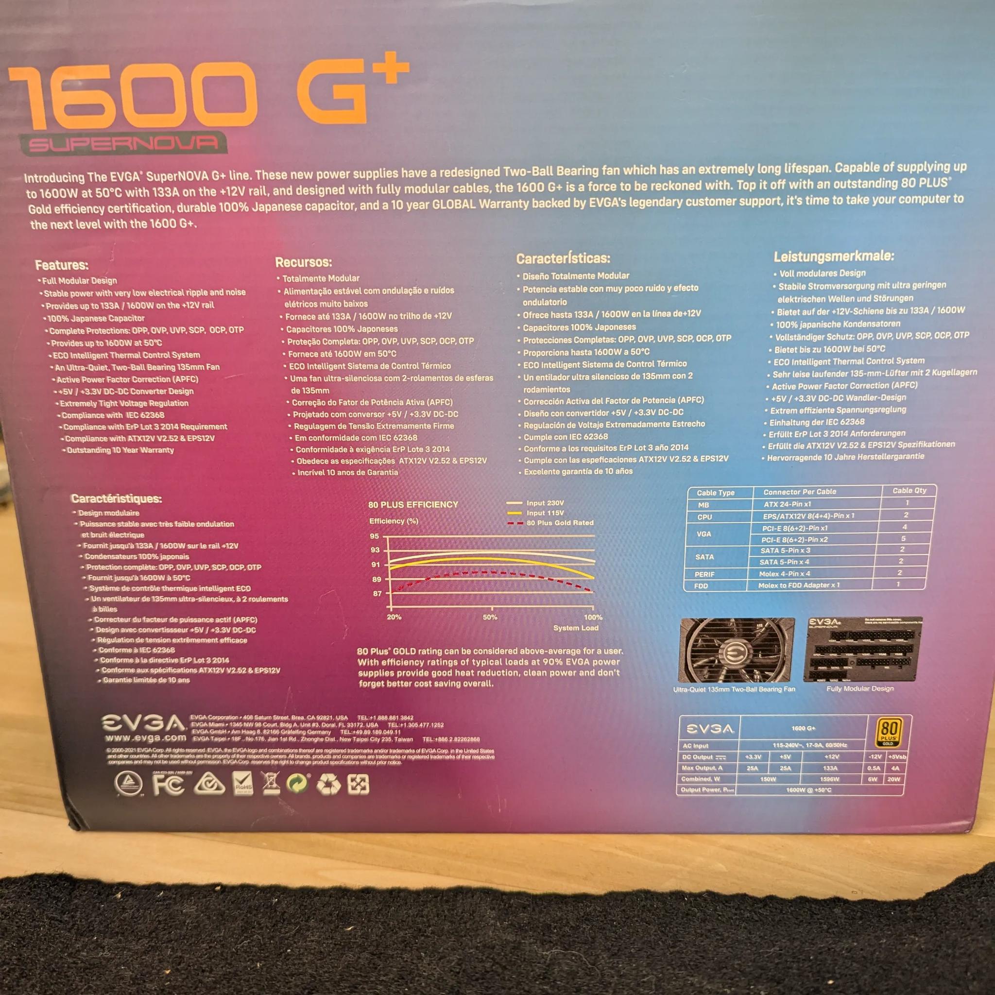 💥 EVGA SuperNOVA 1600 G+ | 80+ Gold 1600W PSU – Monster Power Supply with ALL CABLES