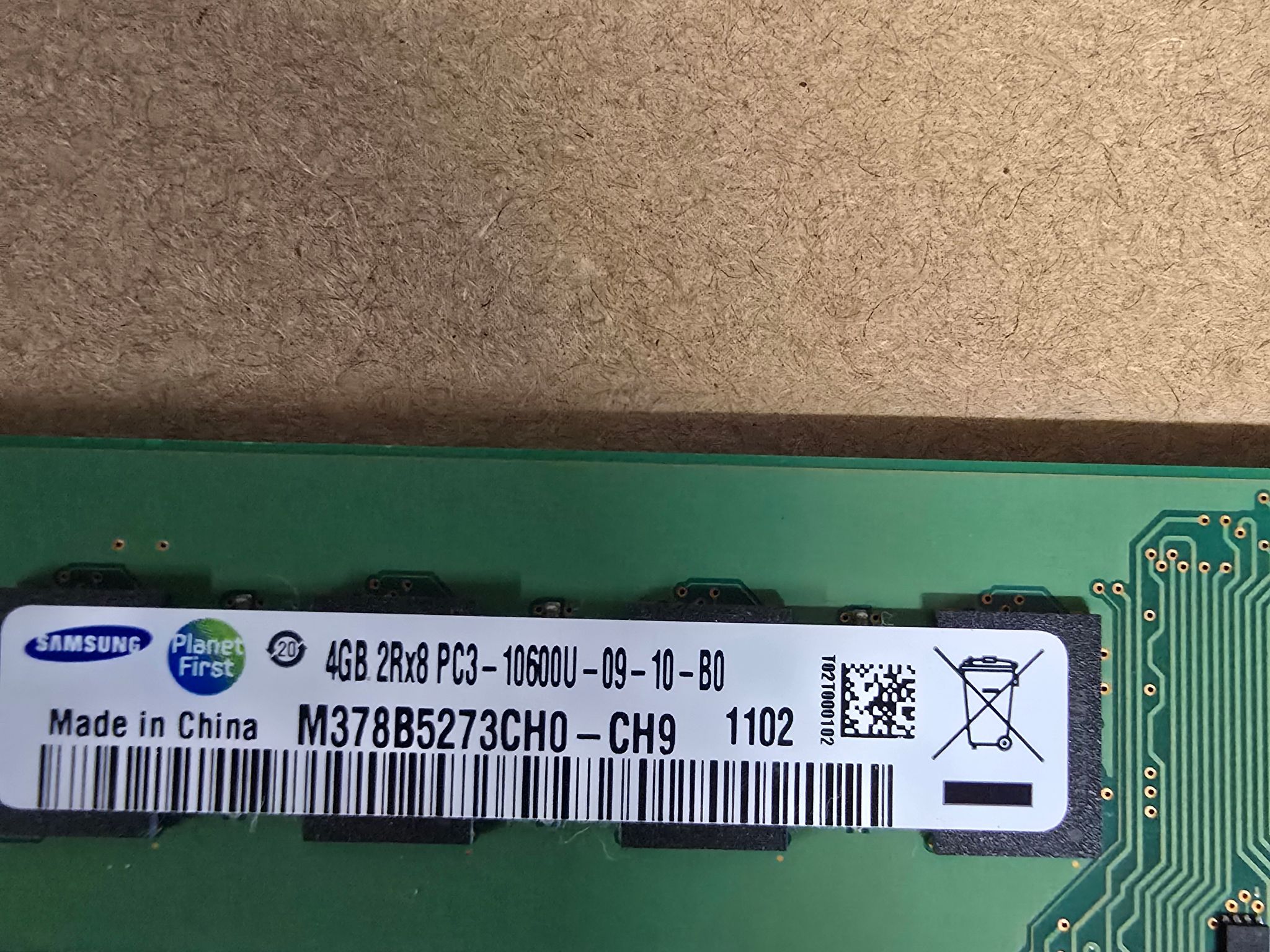 Samsung 8GB, 2X 4GB 2Rx8 M378B5273CH0-CH9 DDR3-1333 UDIMM PC3-10600 NON-ECC