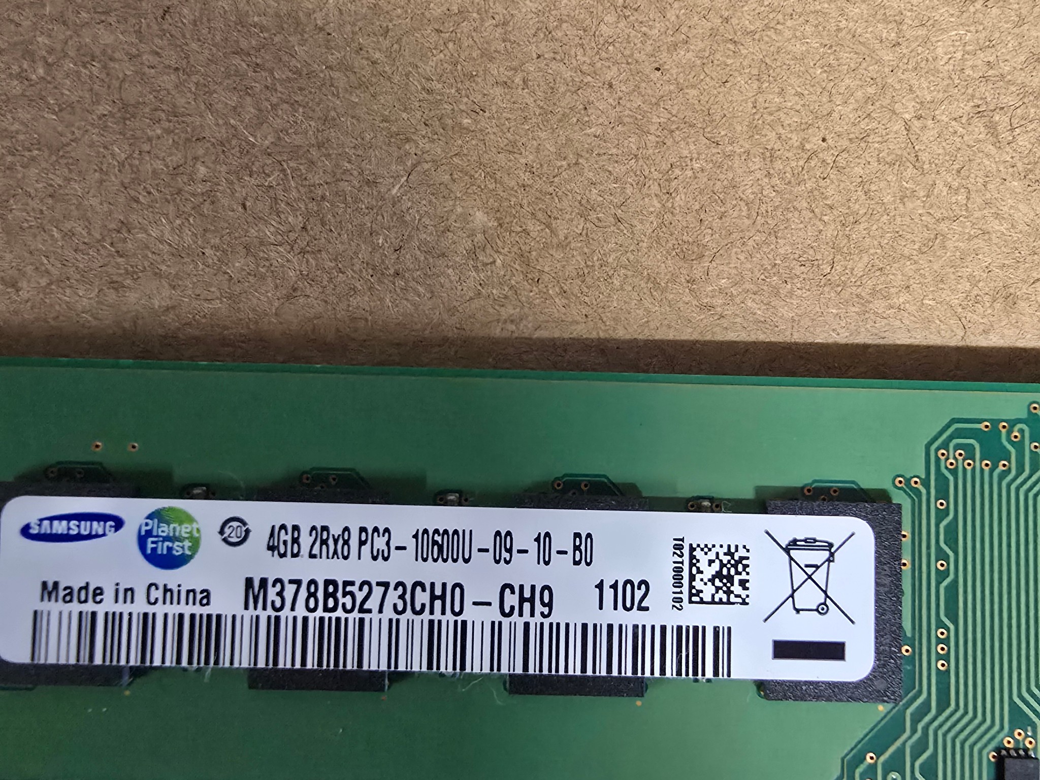 Samsung 8GB, 2X 4GB 2Rx8 M378B5273CH0-CH9 DDR3-1333 UDIMM PC3-10600 NON-ECC