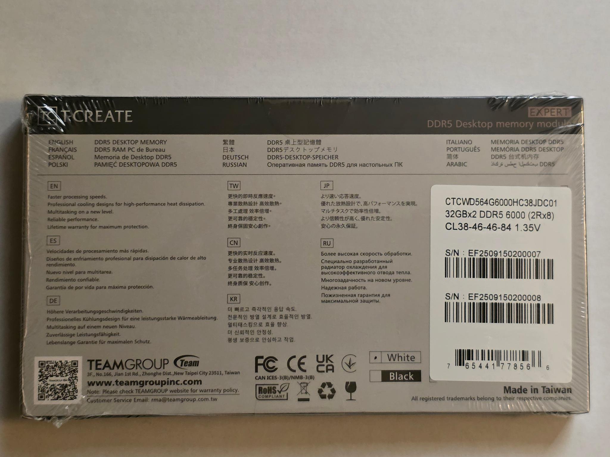 TEAMGROUP T-Create Expert 64GB (2 x 32GB) DDR5 6000MHz CL38-46-46-84 White Brand New Sealed