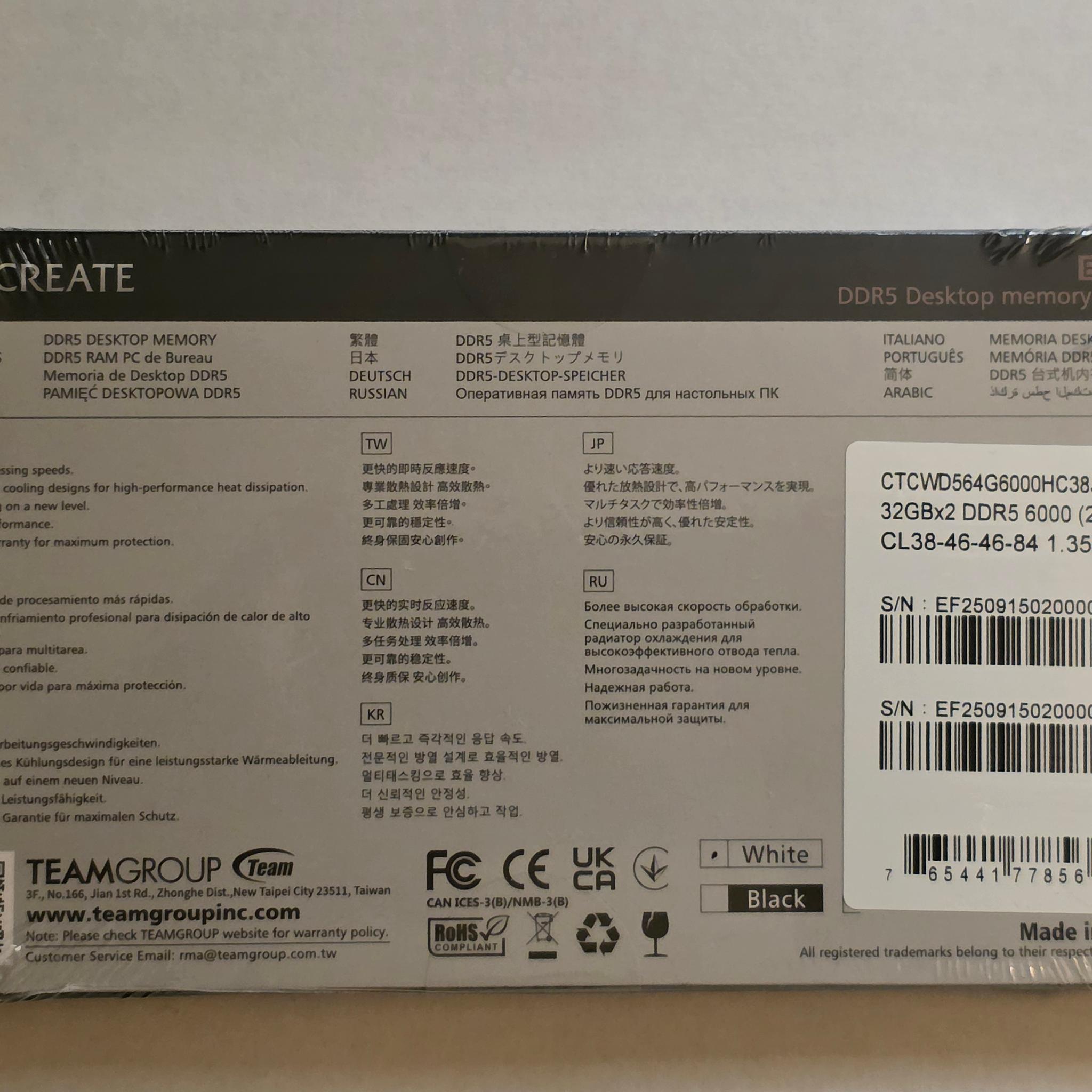 TEAMGROUP T-Create Expert 64GB (2 x 32GB) DDR5 6000MHz CL38-46-46-84 White Brand New Sealed