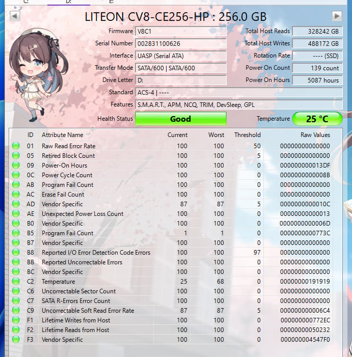 Lite-On CV8-CE256-HP 256GB SATA SSD | Tested & Functional