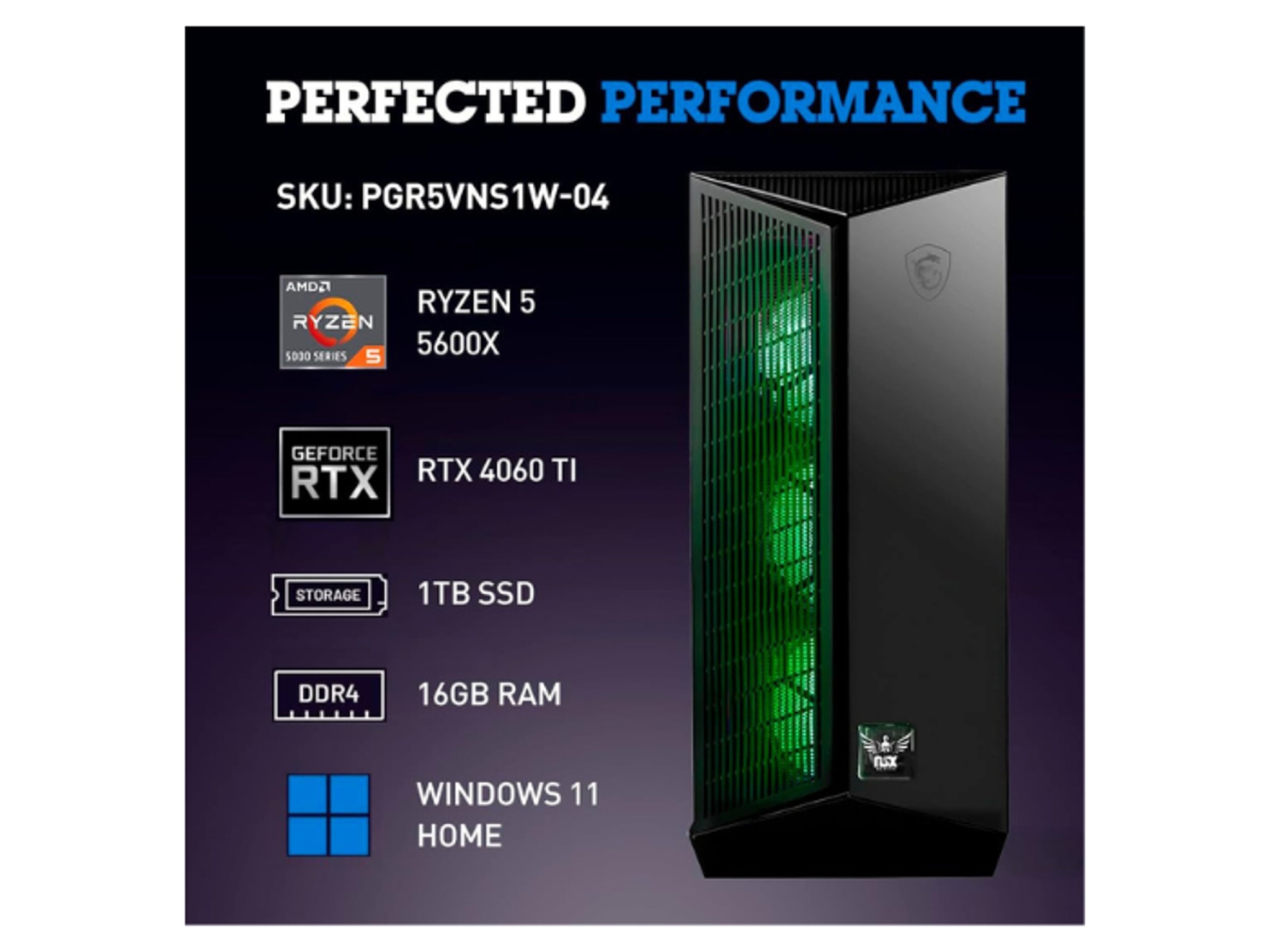 Nsx Gaming Pc Falcon Ryzen 5 5600X Geforce RTX 4060 TI, 16GB RAM, 1TB SSD NVME M2, Windows 11 Home