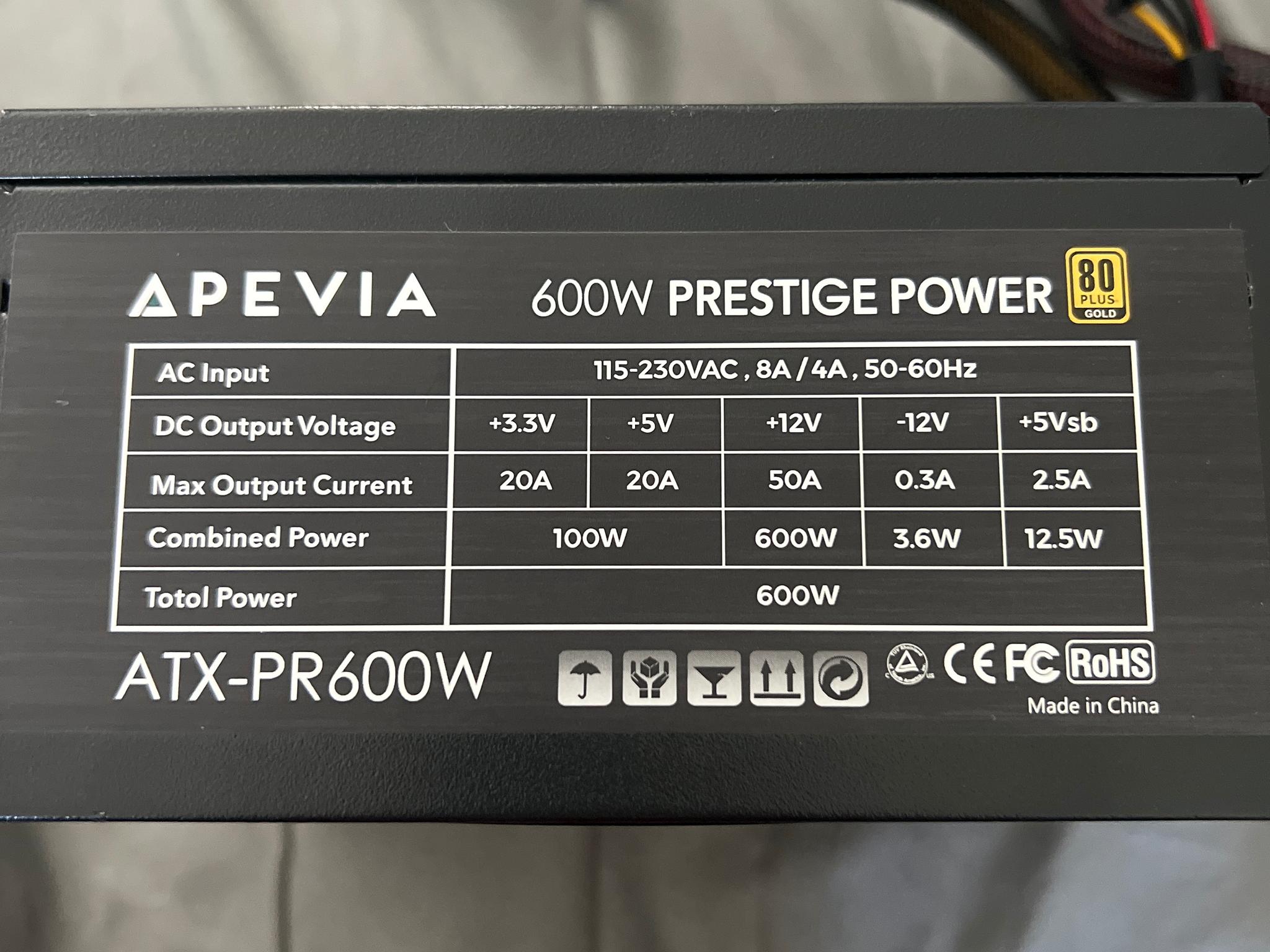 Apevia Prestige 600watt PSU 80+ Gold