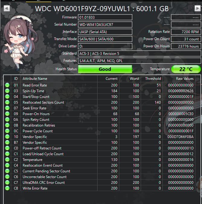 WD Se 6TB WD6001F9YZ 7200RPM SATA Enterprise HDD – 23,776 Hours – SMART Good
