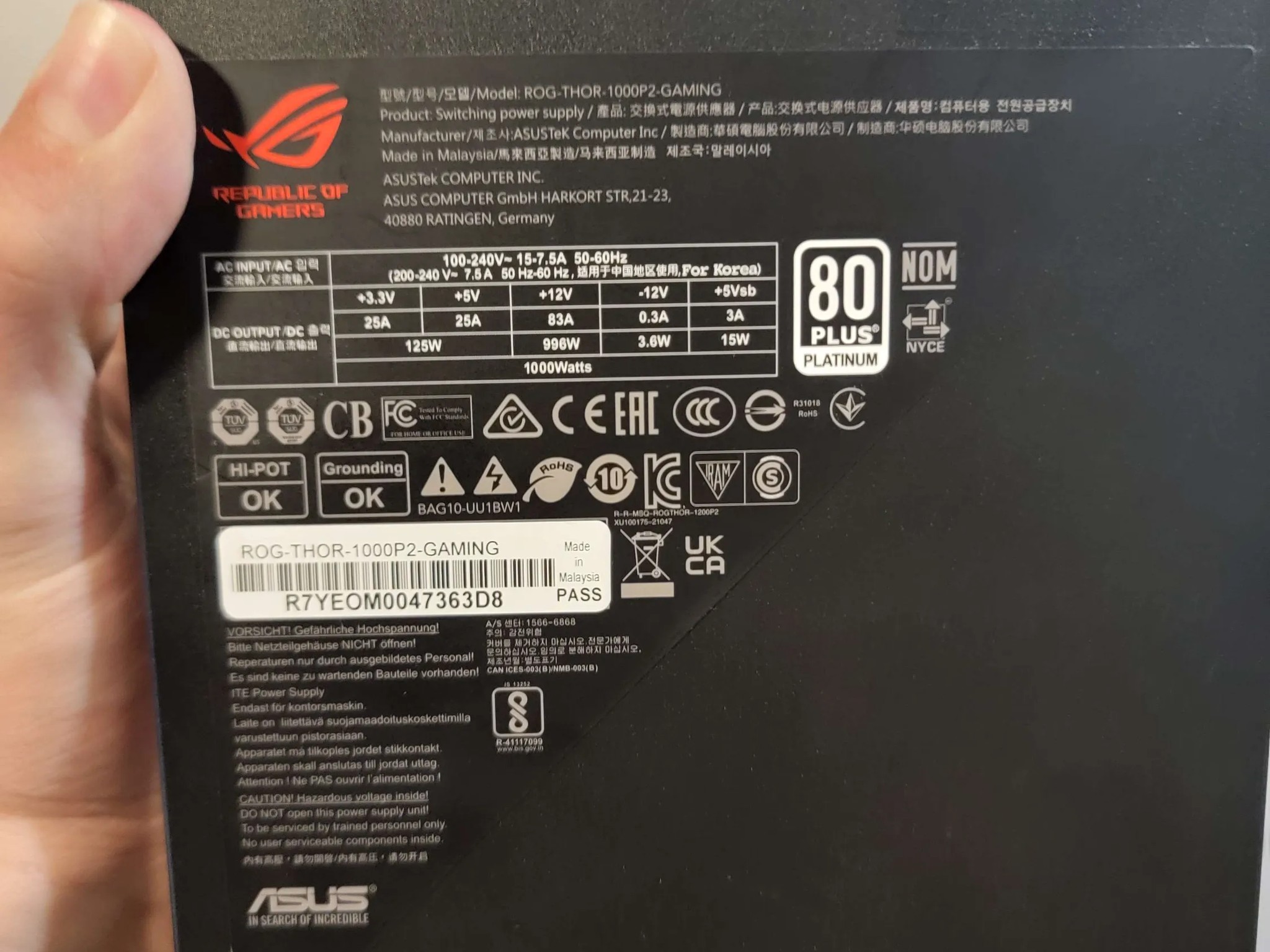 ASUS ROG Thor 1000W Platinum II Fully Modular Power Supply with 1000W, 80+ Platinum