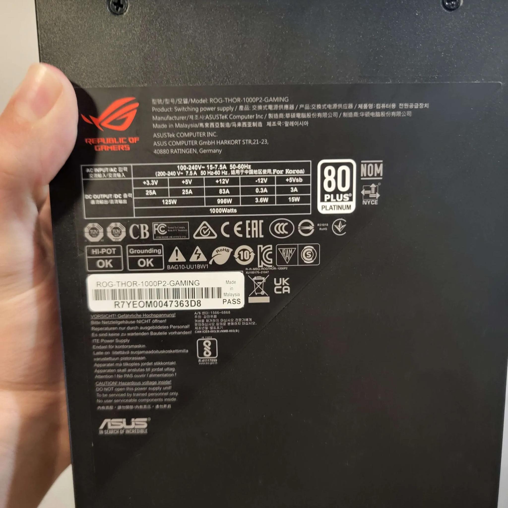 ASUS ROG Thor 1000W Platinum II Fully Modular Power Supply with 1000W, 80+ Platinum