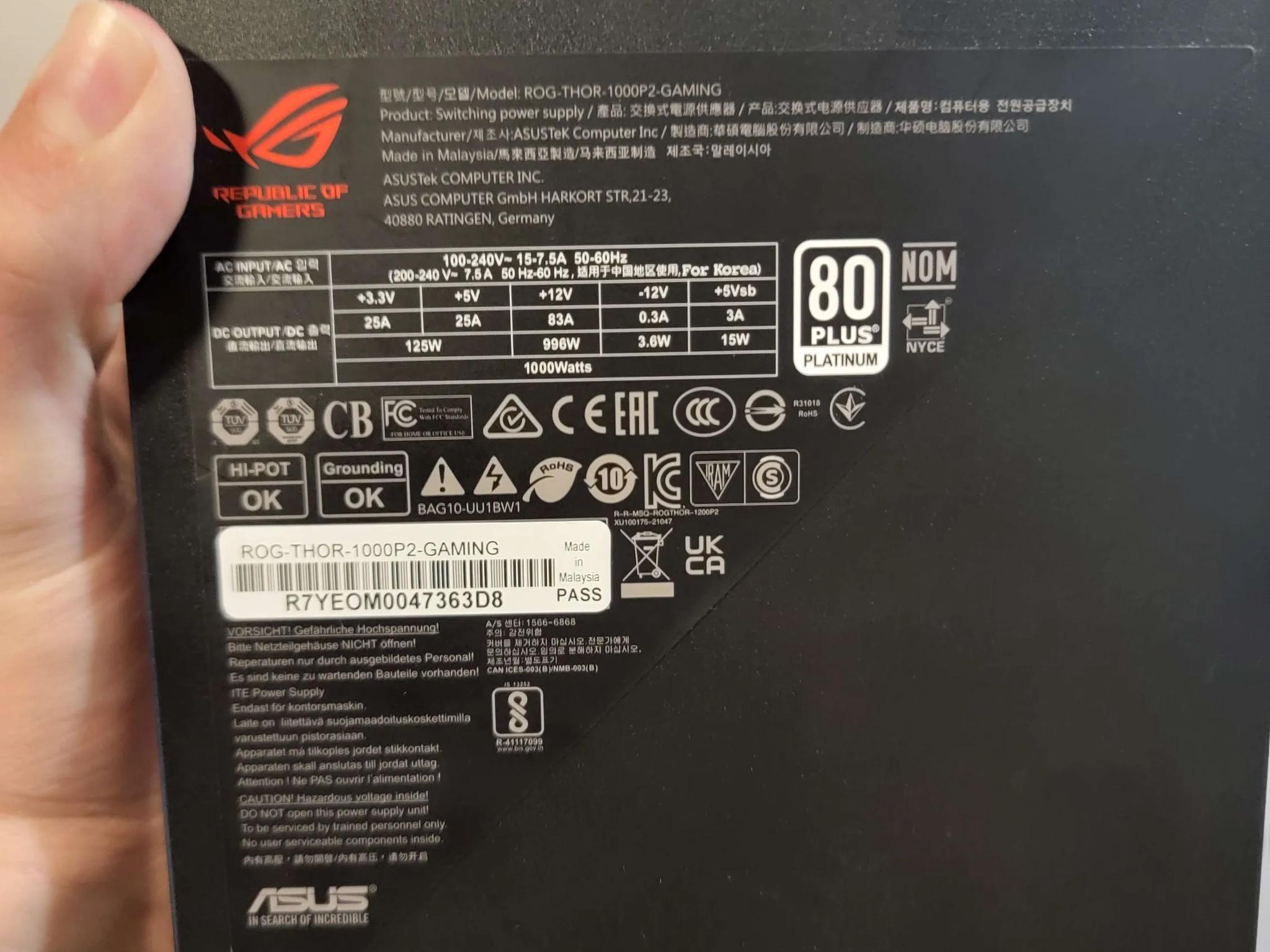 ASUS ROG Thor 1000W Platinum II Fully Modular Power Supply with 1000W, 80+ Platinum
