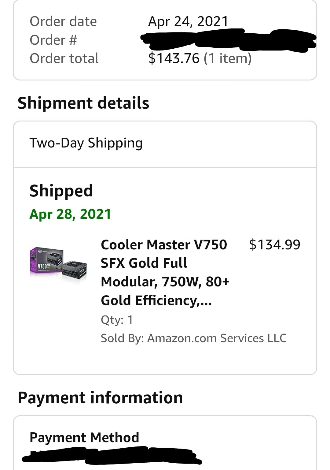 Cooler Master V750 SFX Gold Fully Modular Power Supply, Used For 1 Year