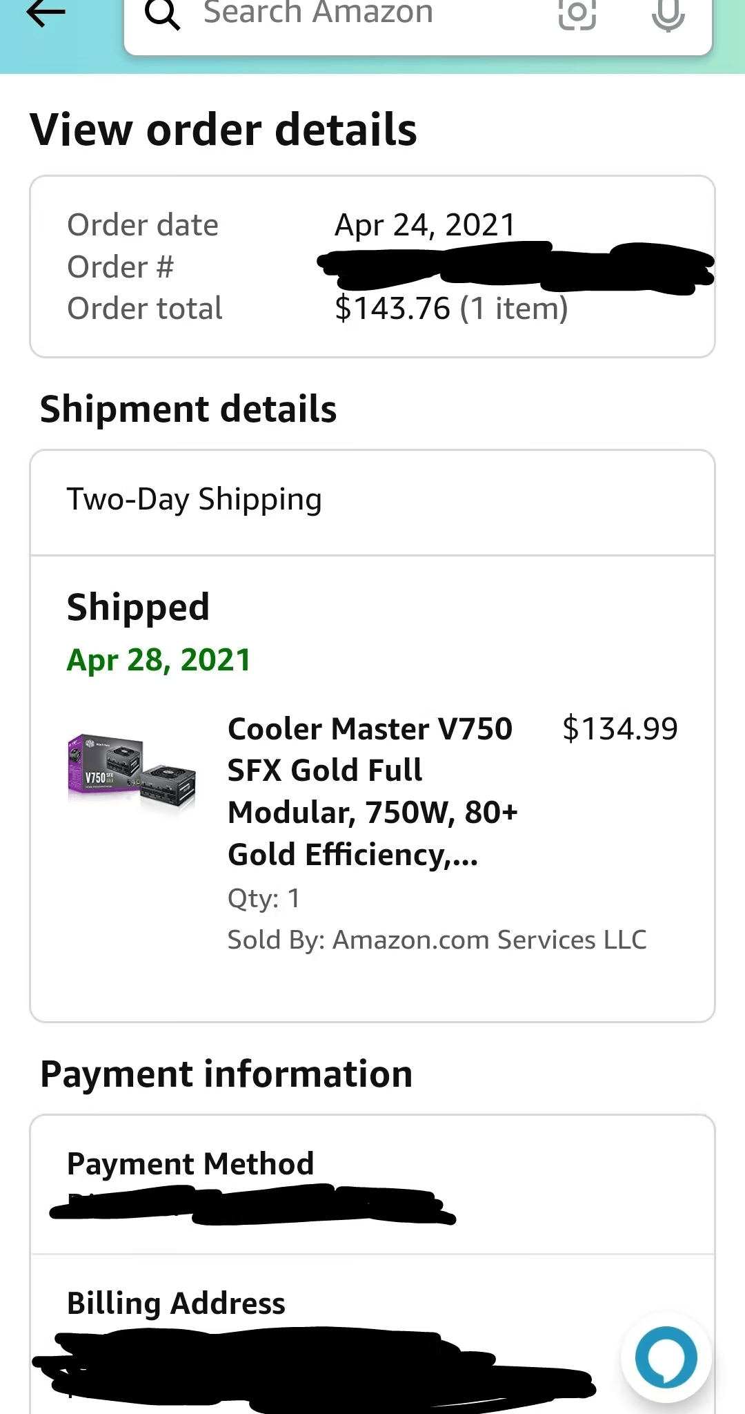 Cooler Master V750 SFX Gold Fully Modular Power Supply, Used For 1 Year