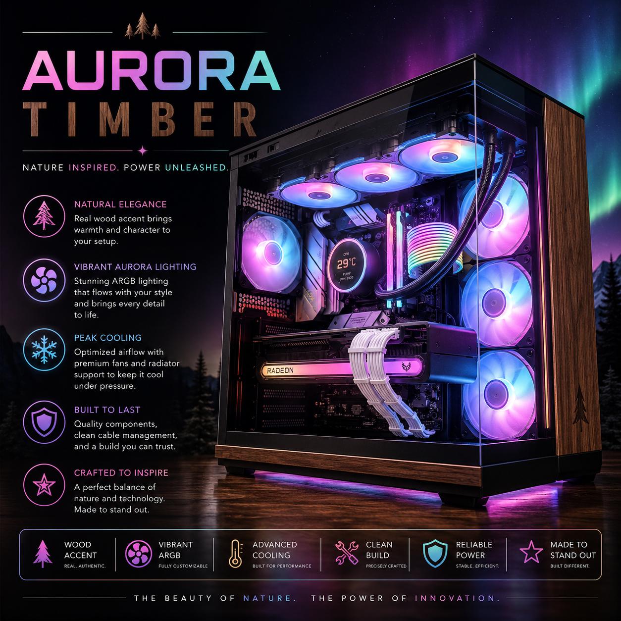 🌈"Aurora Timber" 🪵| 4k Gaming | Ryzen 7 9800X3D | RX 7900 XTX 24GB | 32B DDR5 | 2TB Gen5+Ram NVMe