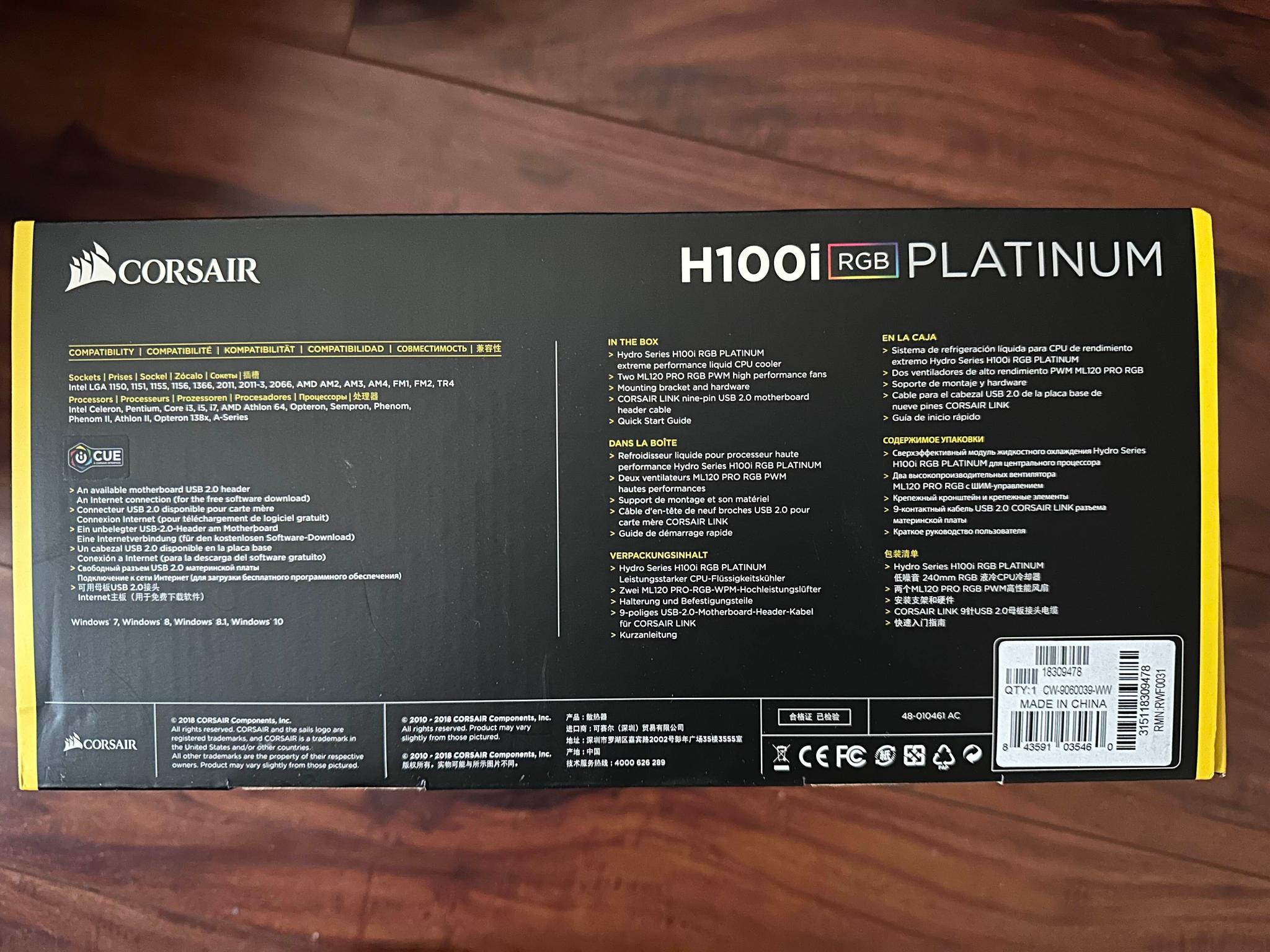 Corsair Hydro Series, H100i RGB PLATINUM, 240mm Radiator, Dual 140mm PWM Fans, Liquid CPU Cooler