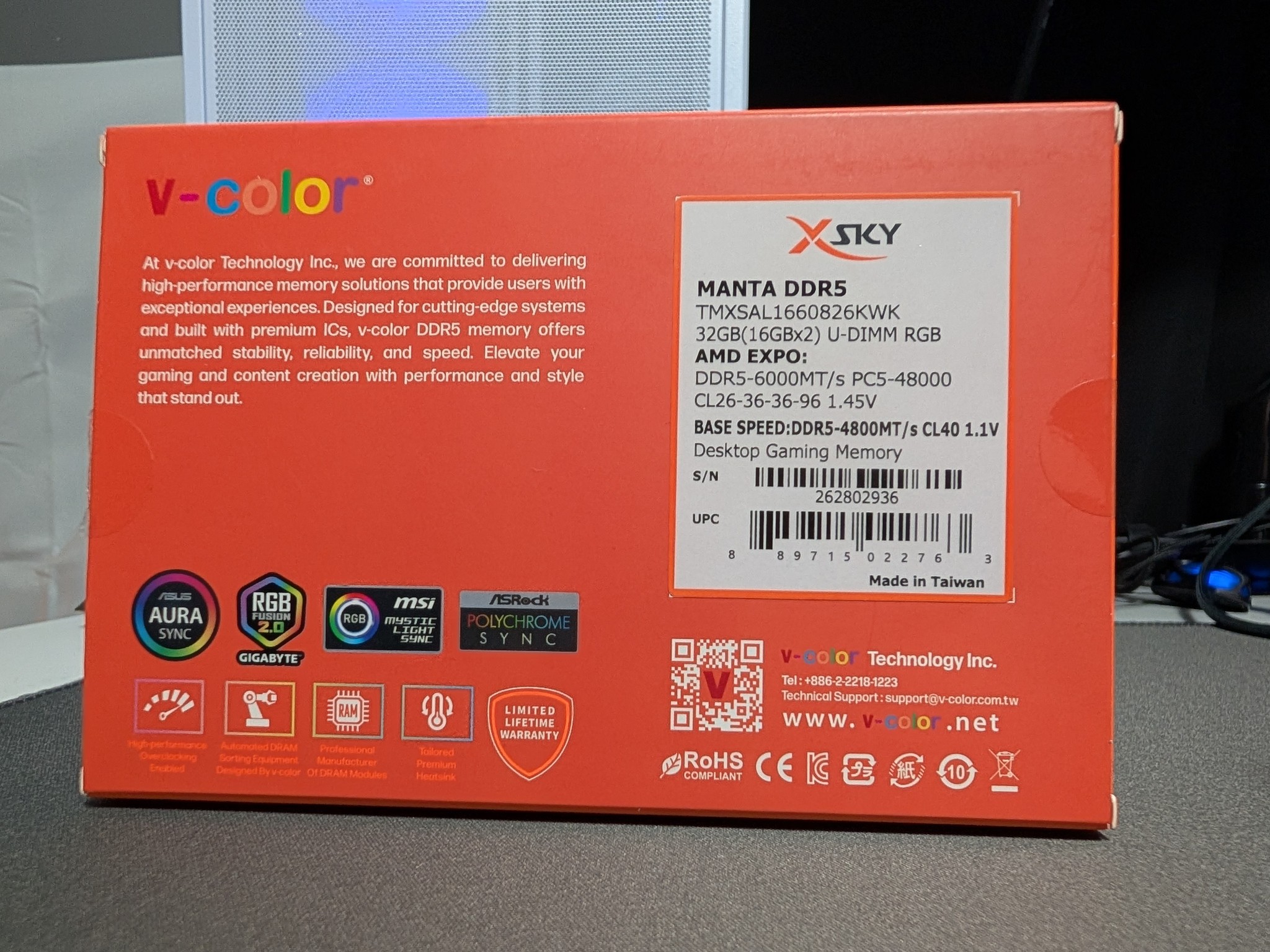 V-Color Manta XSky RGB 32GB (2x16GB) DDR5-6000 CL26 RAM