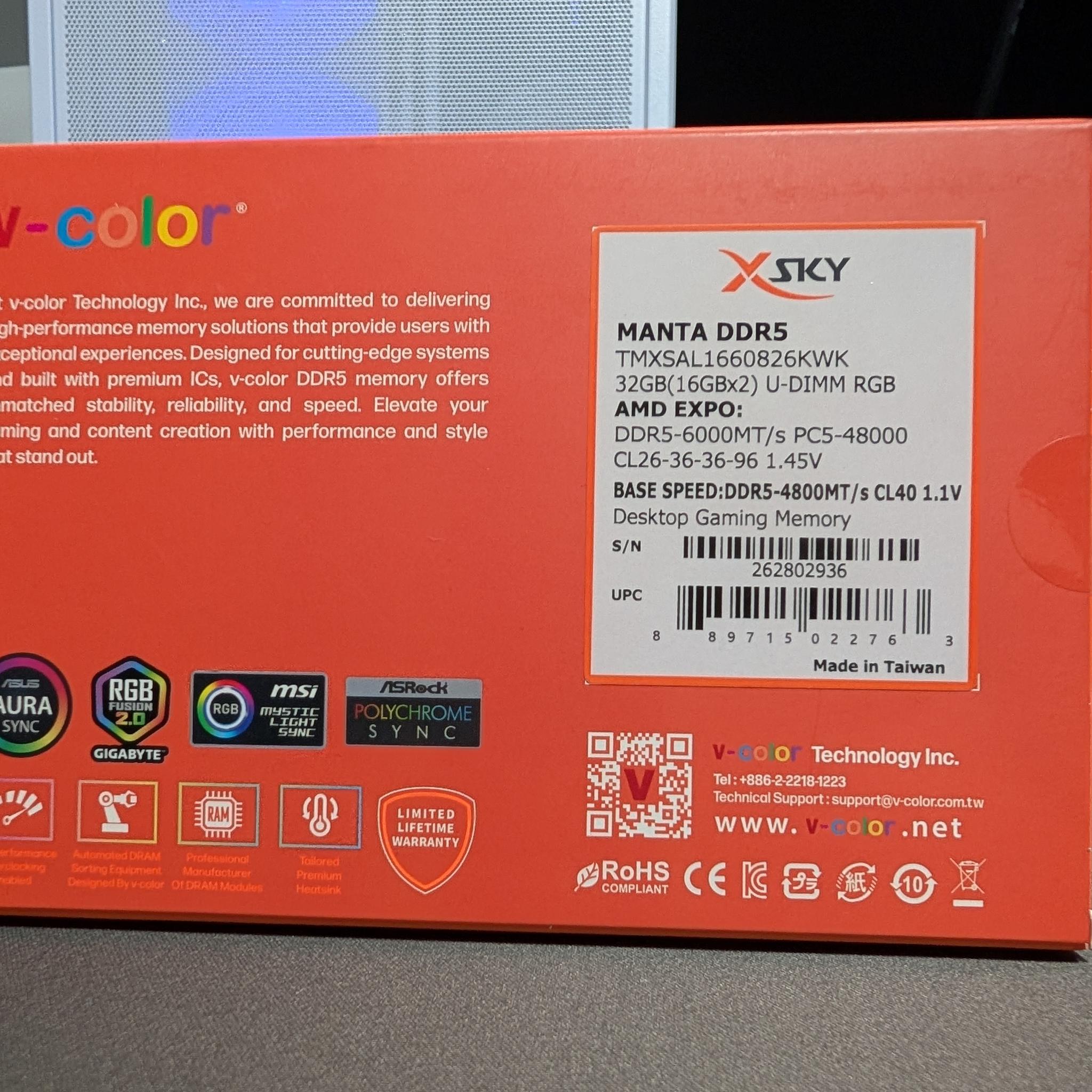 V-Color Manta XSky RGB 32GB (2x16GB) DDR5-6000 CL26 RAM